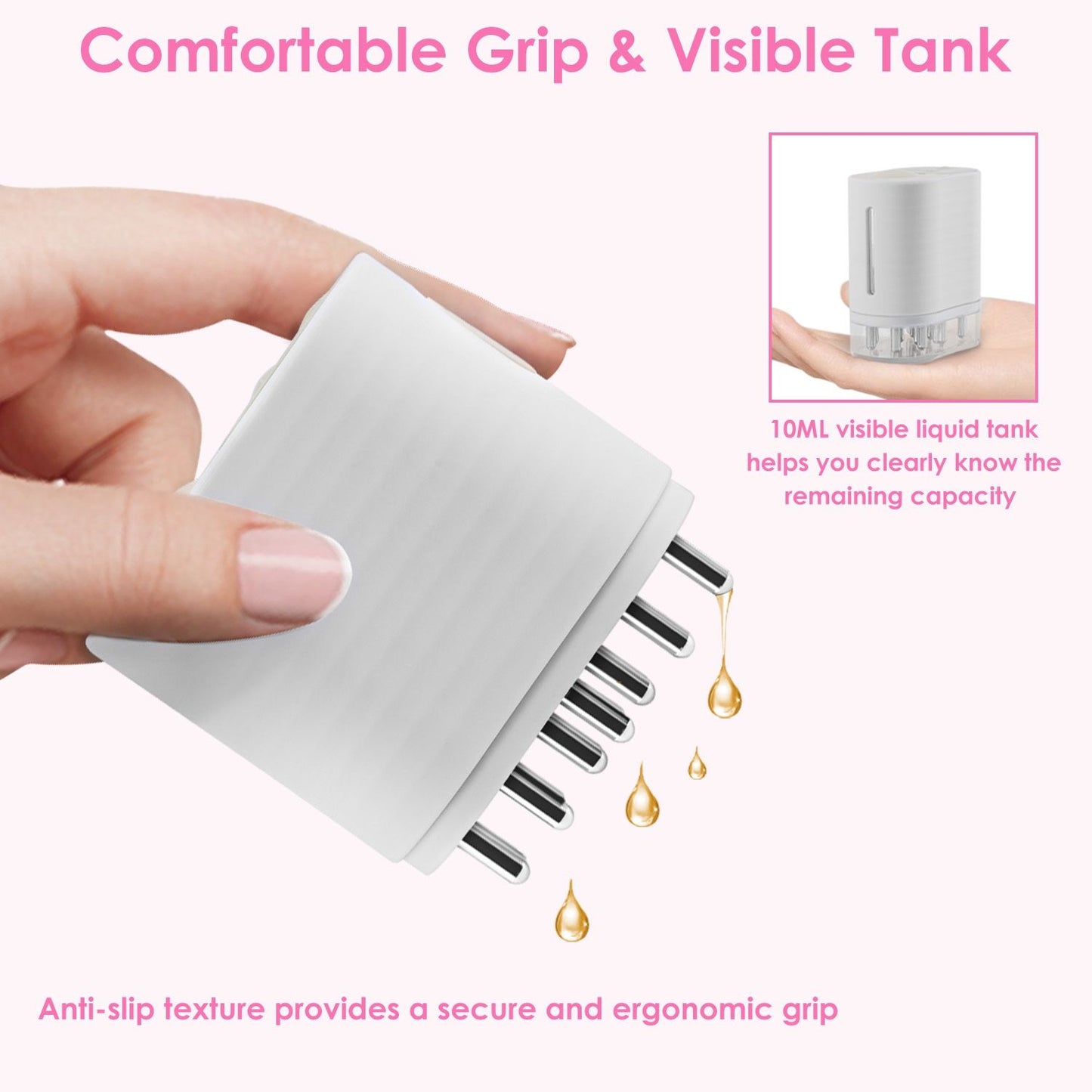 Hand holding a white ergonomic liquid dispenser with a visible 10ML tank, showcasing an anti-slip grip and liquid dripping from the nozzle.