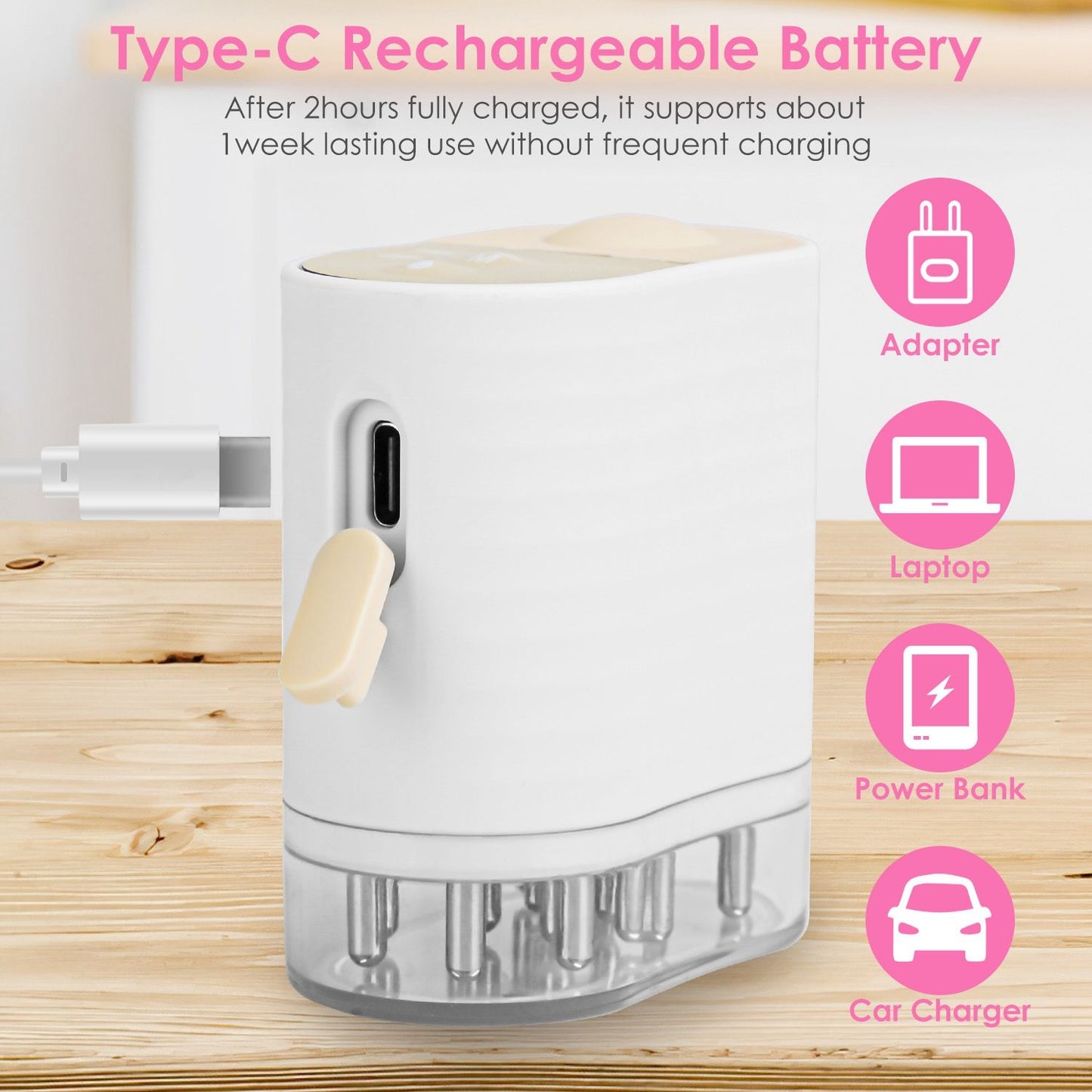 Type-C rechargeable battery charger with a white exterior, showcasing the charging port and accessories for laptops, power banks, and car chargers, designed for convenient use with minimal charging frequency.