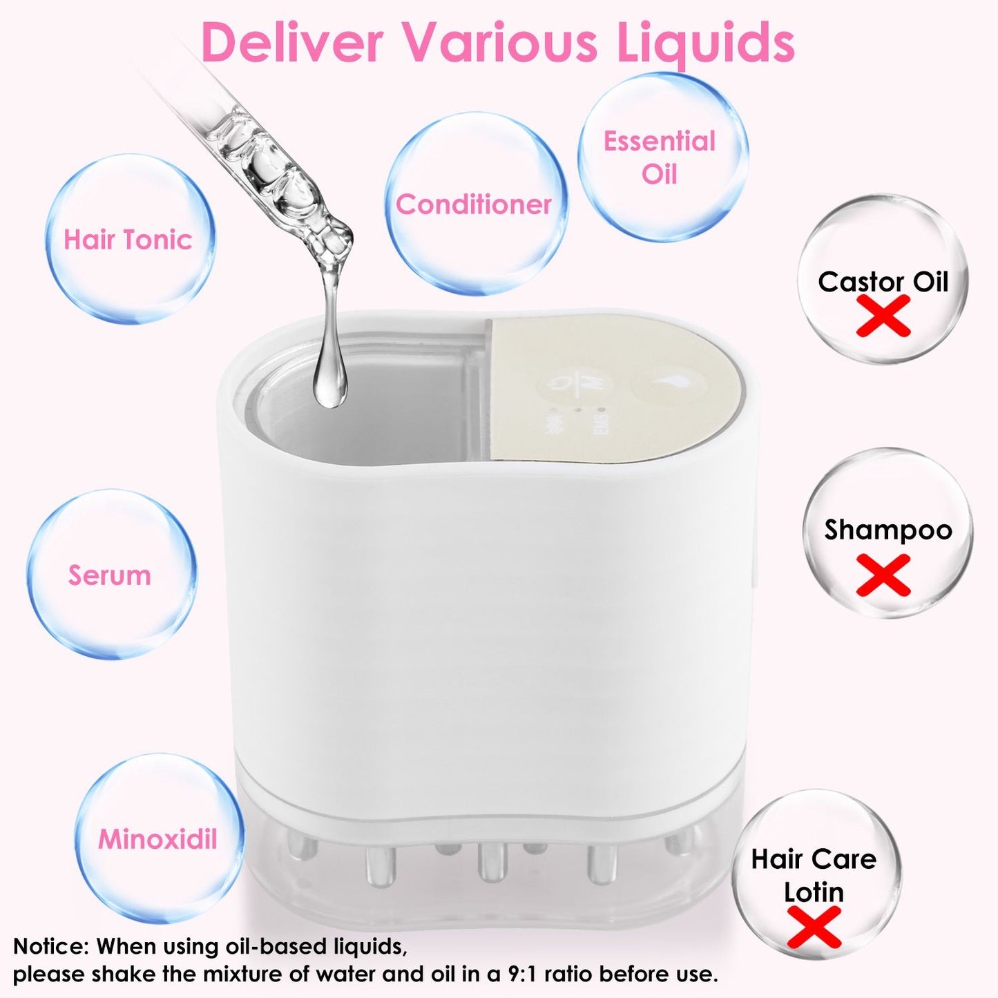 Compact liquid delivery device for hair treatments showcasing dropper application, suitable for various liquids like hair tonic, serum, and essential oils, with guidelines on usage.