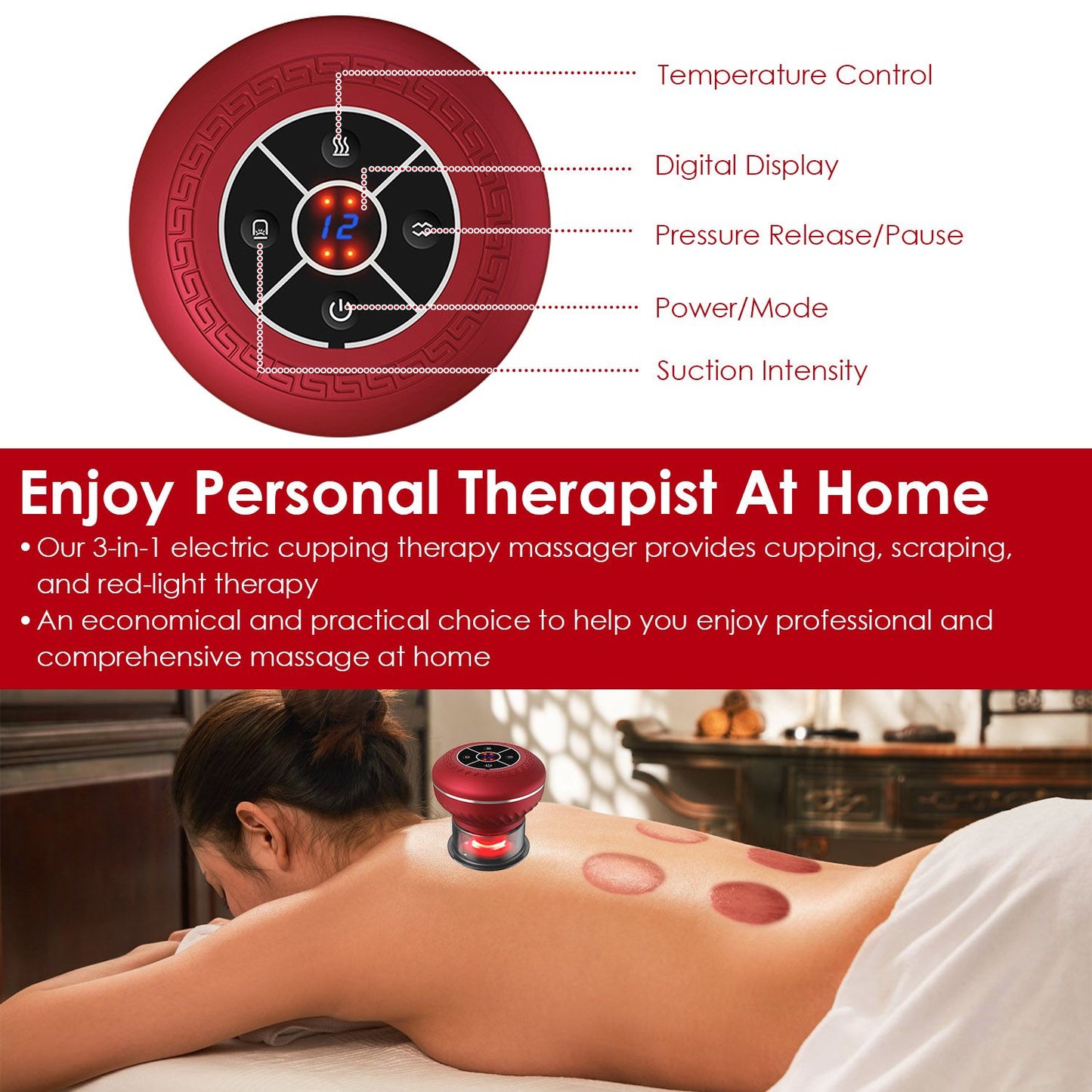 Electric cupping therapy massager with digital display, temperature control, and suction intensity settings, providing a three-in-one massage solution—ideal for home use.