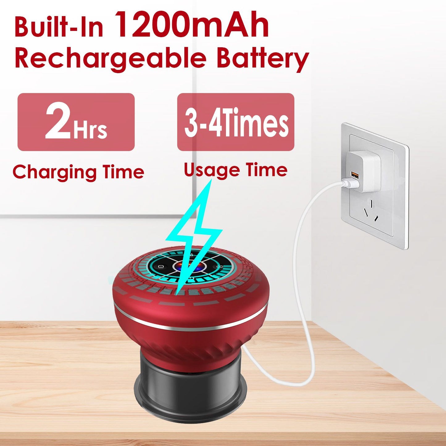 Red portable speaker with a built-in 1200mAh rechargeable battery, displaying charging time of 2 hours and usage time of 3-4 hours, plugged into a wall socket.