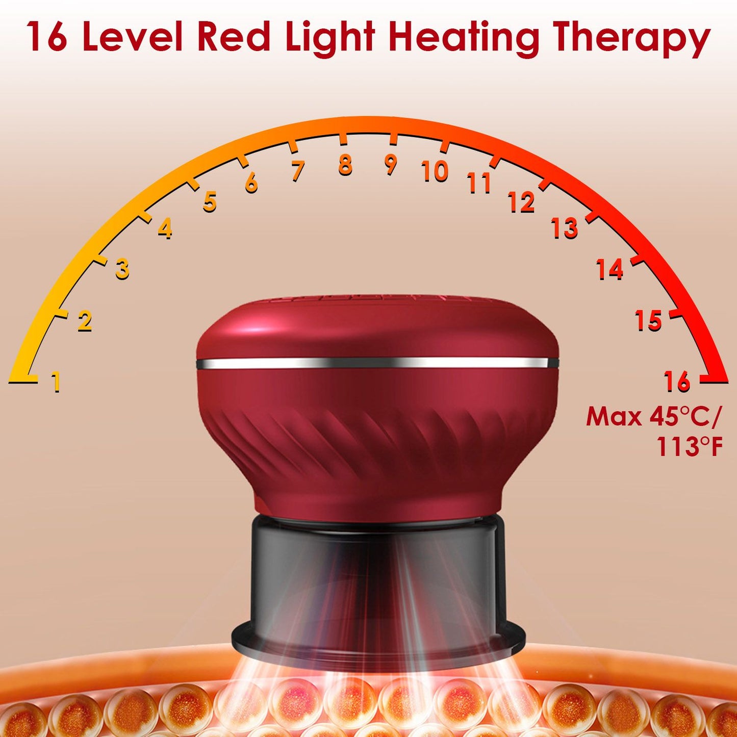 Red light heating therapy device with 16 adjustable heat levels and a maximum temperature of 45°C (113°F), designed to promote relaxation and relieve muscle tension.