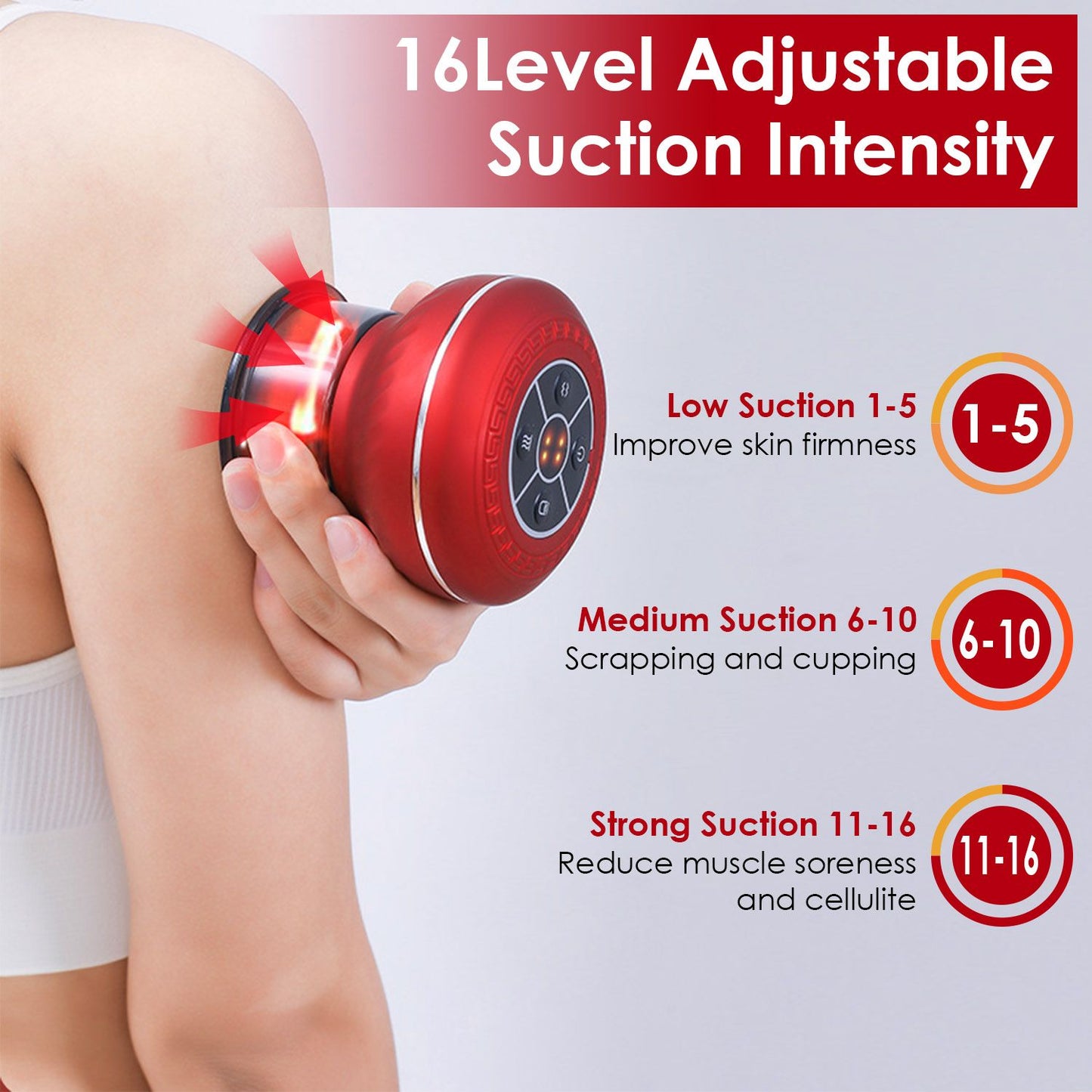 Adjustable suction intensity massage device in red color, demonstrating its application on the arm to improve skin firmness, reduce muscle soreness, and target cellulite, featuring a user-friendly control interface.