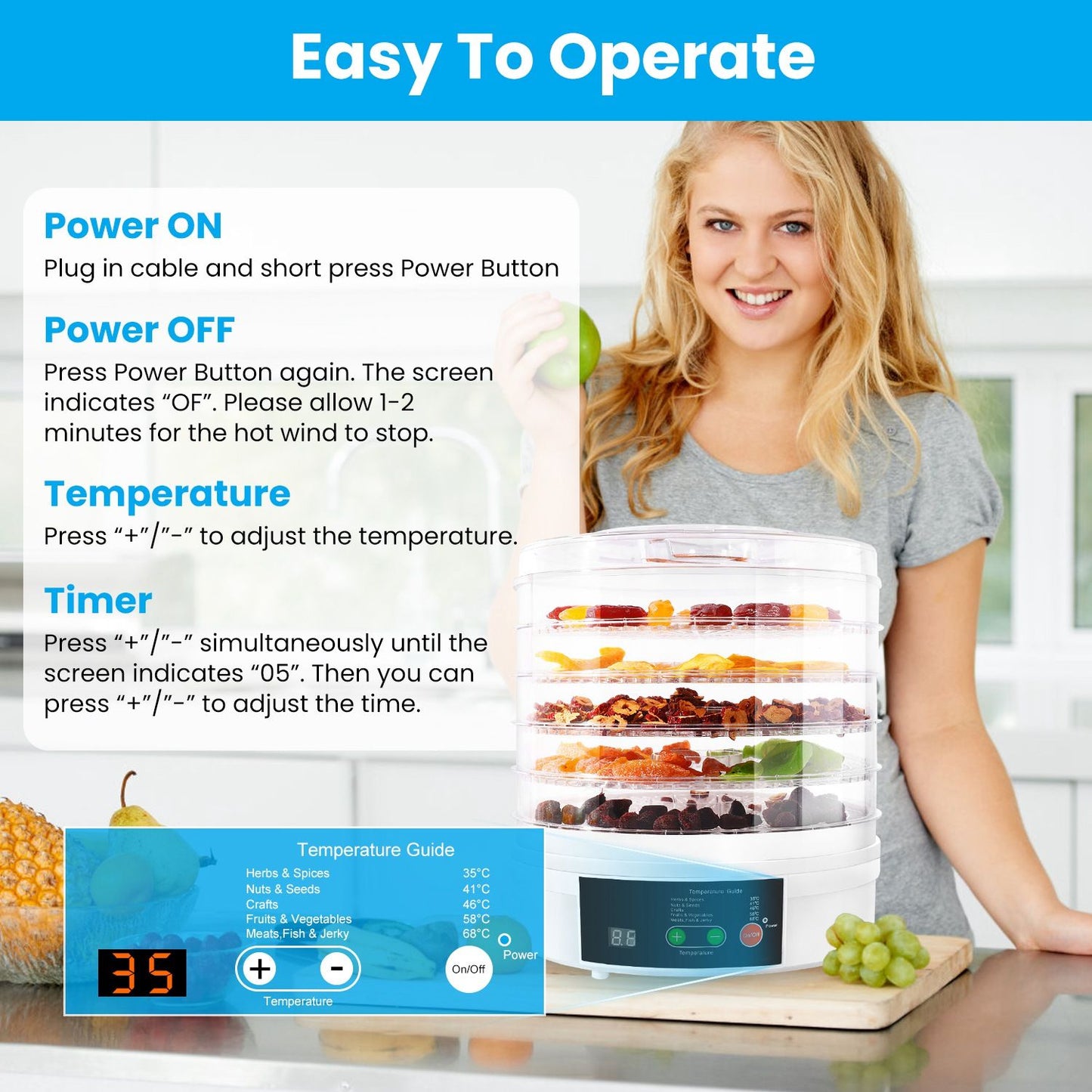 Woman using a food dehydrator with various dried fruits and vegetables displayed on the shelves, showcasing the easy operation features and temperature guide on the control panel.