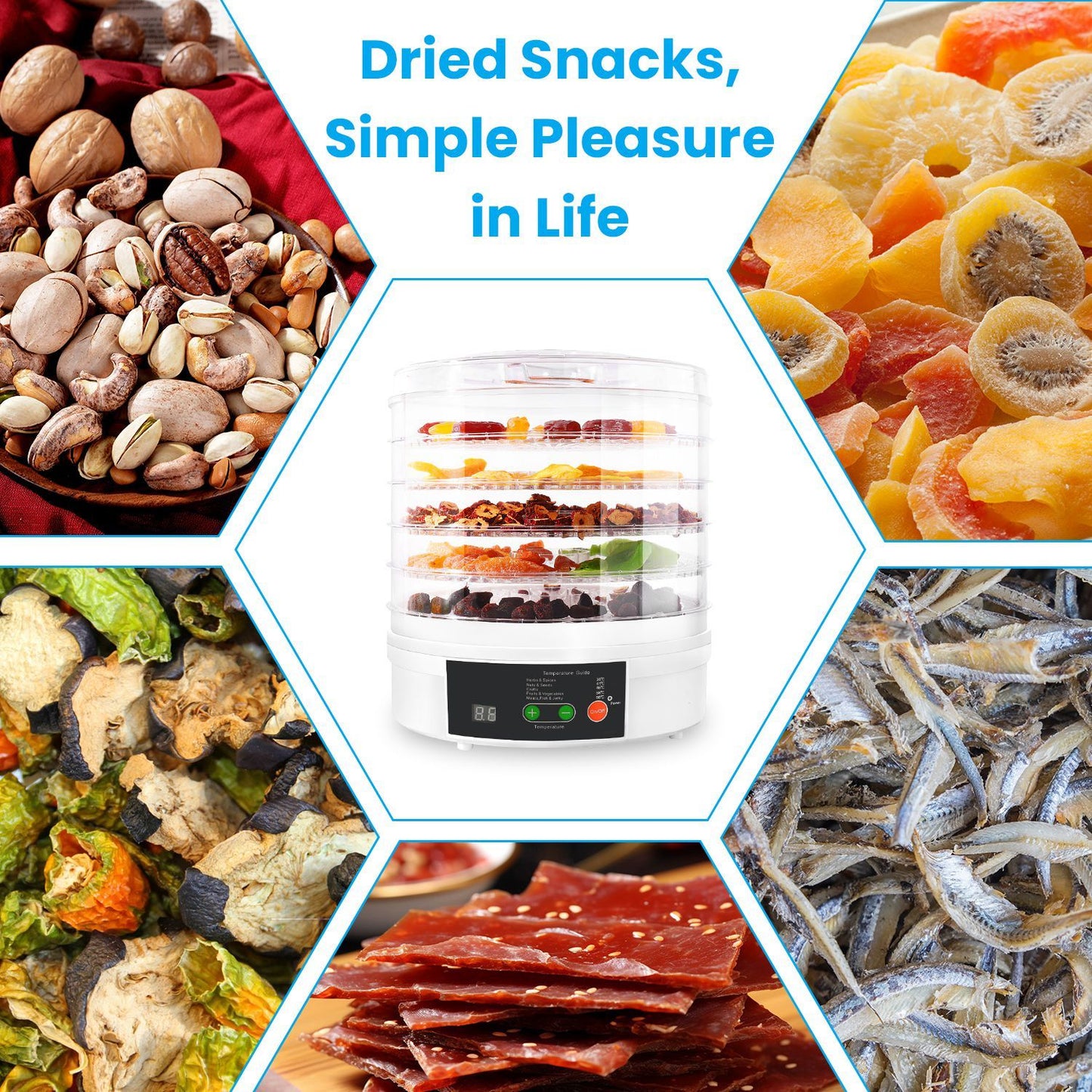Close-up of a food dehydrator showcasing a variety of dried snacks including fruits, vegetables, nuts, and jerky, with the text "Dried Snacks, Simple Pleasure in Life" prominently displayed.