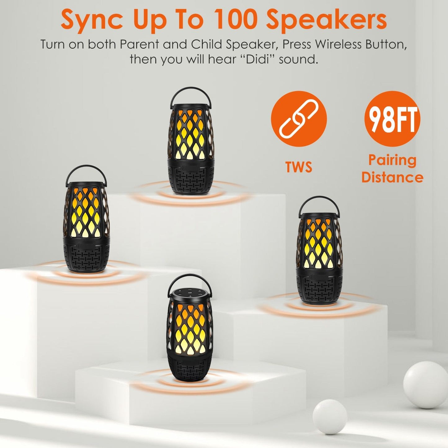 Black wireless speakers with illuminated mesh design displaying TWS capabilities and 98FT pairing distance, positioned on white geometric platforms, showcasing the ability to sync up to 100 speakers.