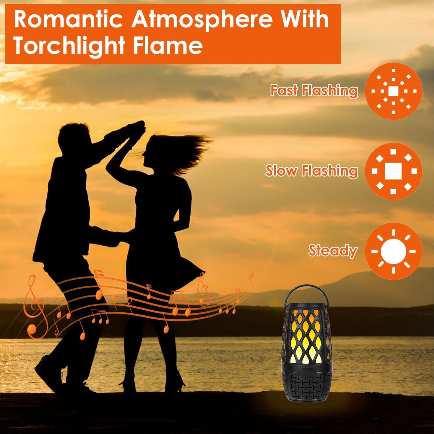 Silhouette of a couple dancing by the water at sunset, with a decorative torches that emit a warm, flickering flame effect, creating a romantic ambiance with musical notes in the background.