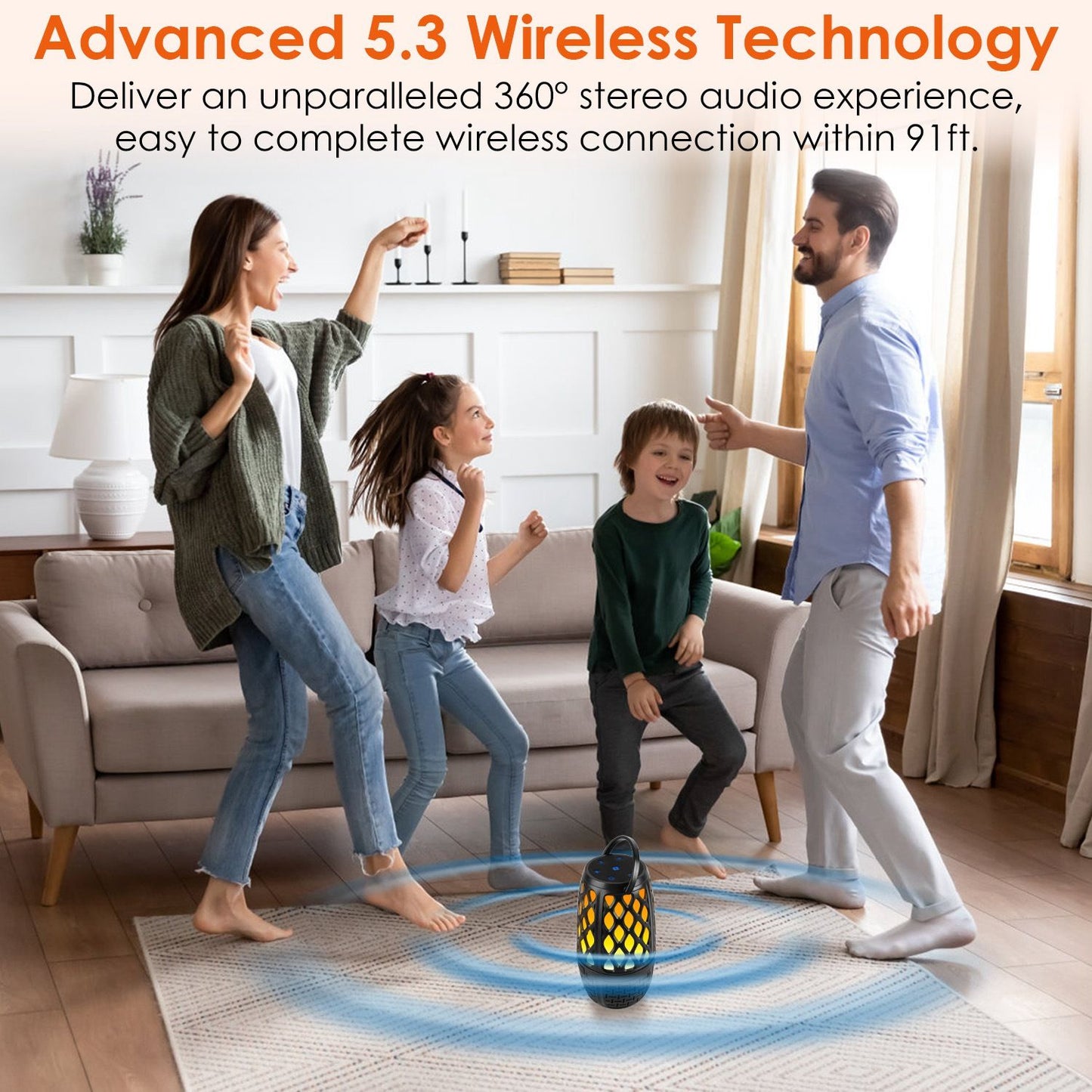 Family enjoying music from a wireless speaker with 360° sound in a bright living room, dancing together on a cozy rug.