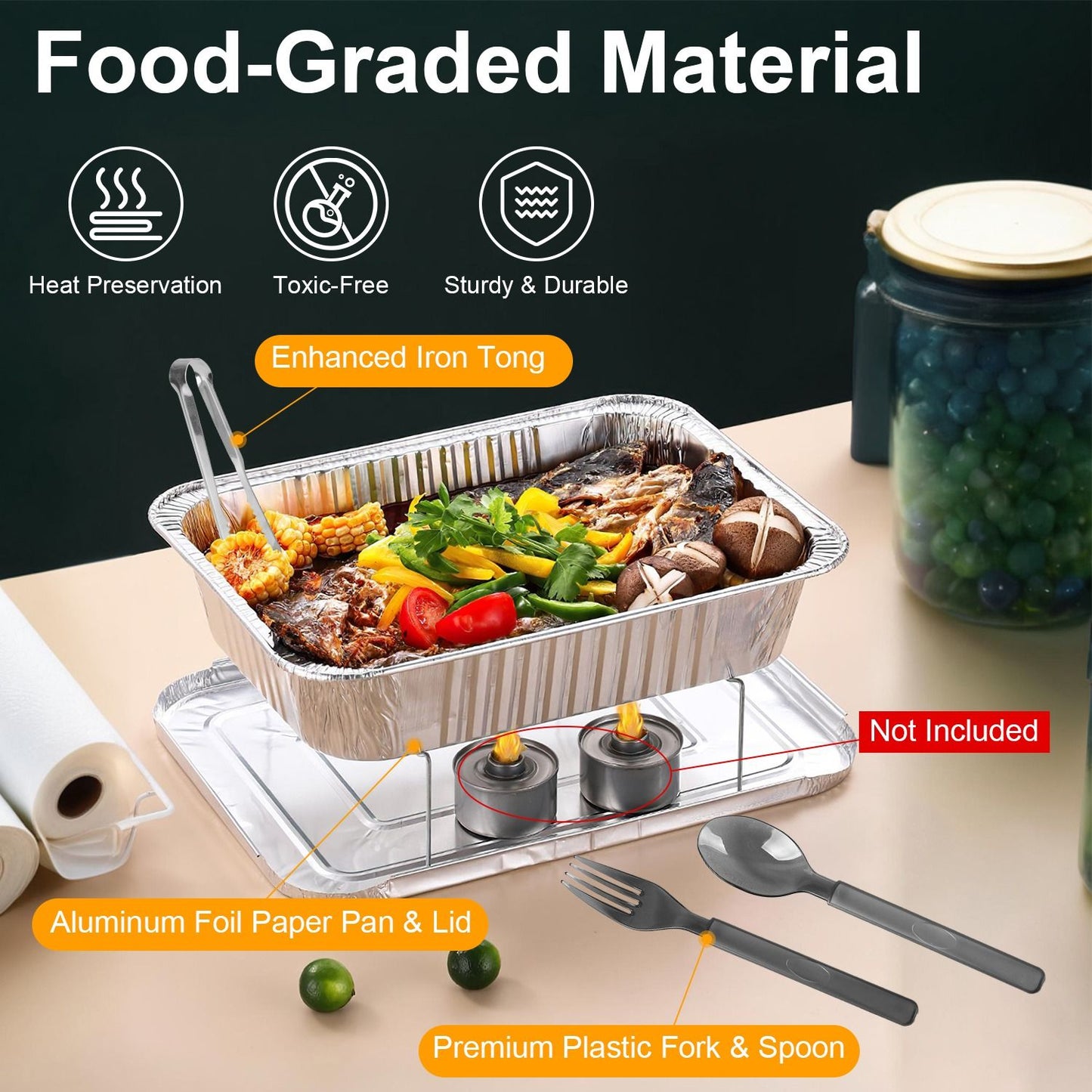 Aluminum foil food container with heat-preserving features, enhanced iron tong, fresh vegetables, and premium plastic cutlery, emphasizing food-grade materials and sturdy design.
