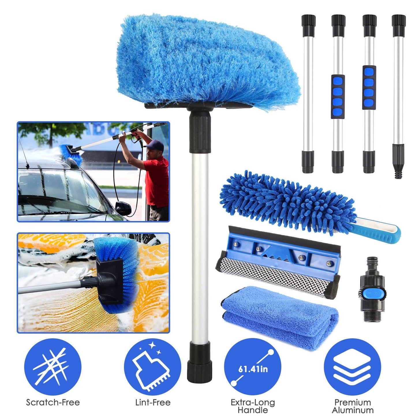 Car wash kit featuring a scratch-free microfiber wash brush with extendable handle, lint-free detailing brush, squeegee, microfiber towel, and hose connector, ideal for keeping vehicles clean and shiny.
