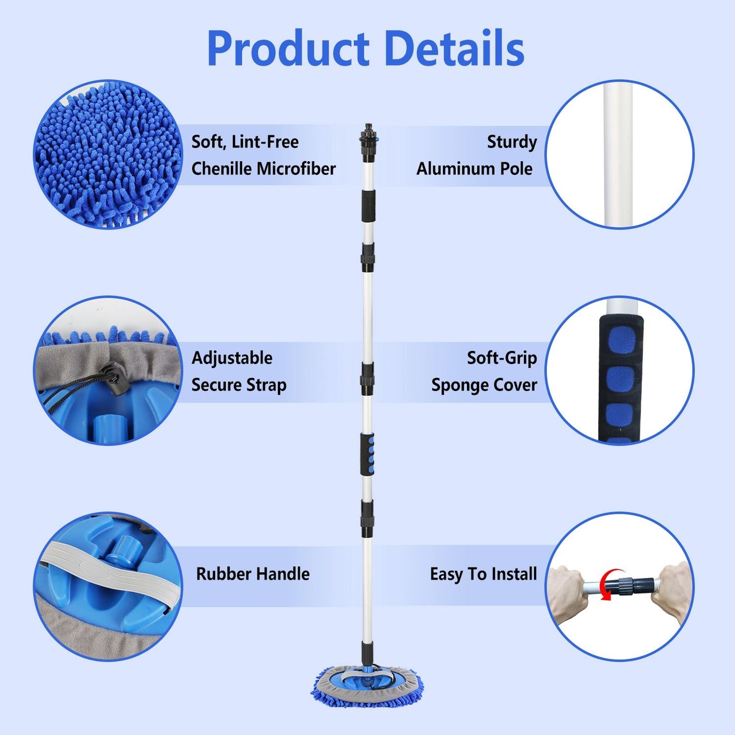 Product image featuring a versatile cleaning mop with a soft lint-free chenille microfiber head, sturdy aluminum pole, adjustable secure strap, soft-grip sponge cover, and ergonomic rubber handle, designed for easy installation and effective cleaning.