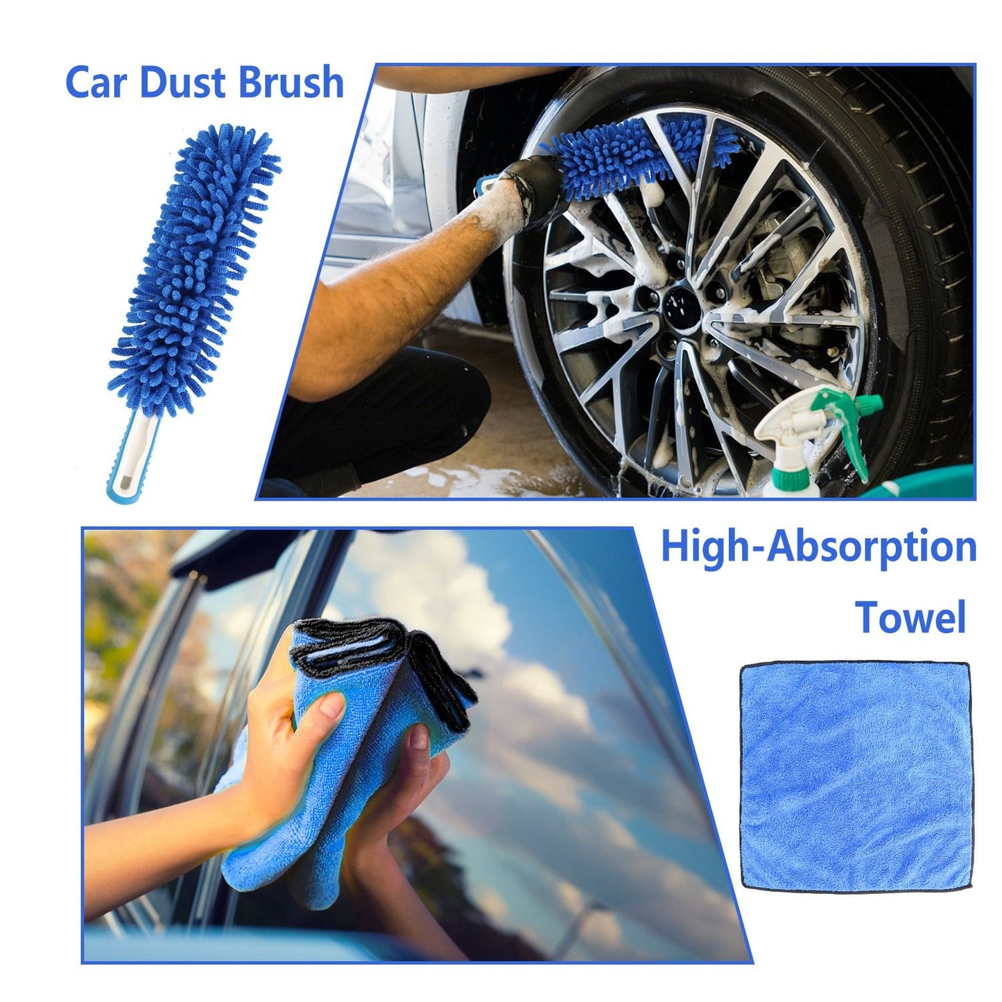 Car cleaning products including a blue car dust brush for wheels and a high-absorption towel for windows, showcasing effective cleaning tools in use.