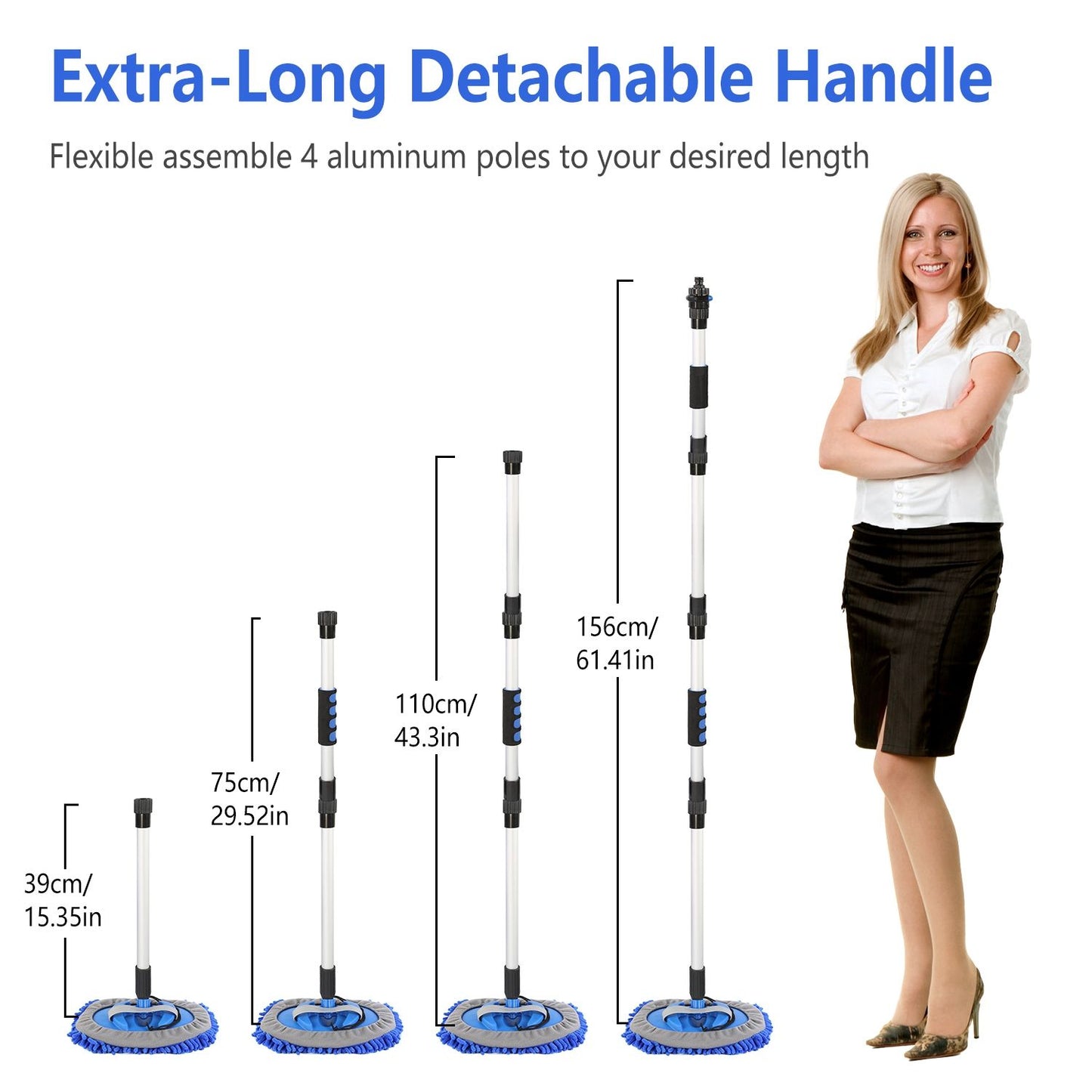 Extra-long detachable mop handle with 4 adjustable aluminum poles, showcasing heights of 39cm, 75cm, 110cm, and 156cm, ideal for customizable cleaning solutions.