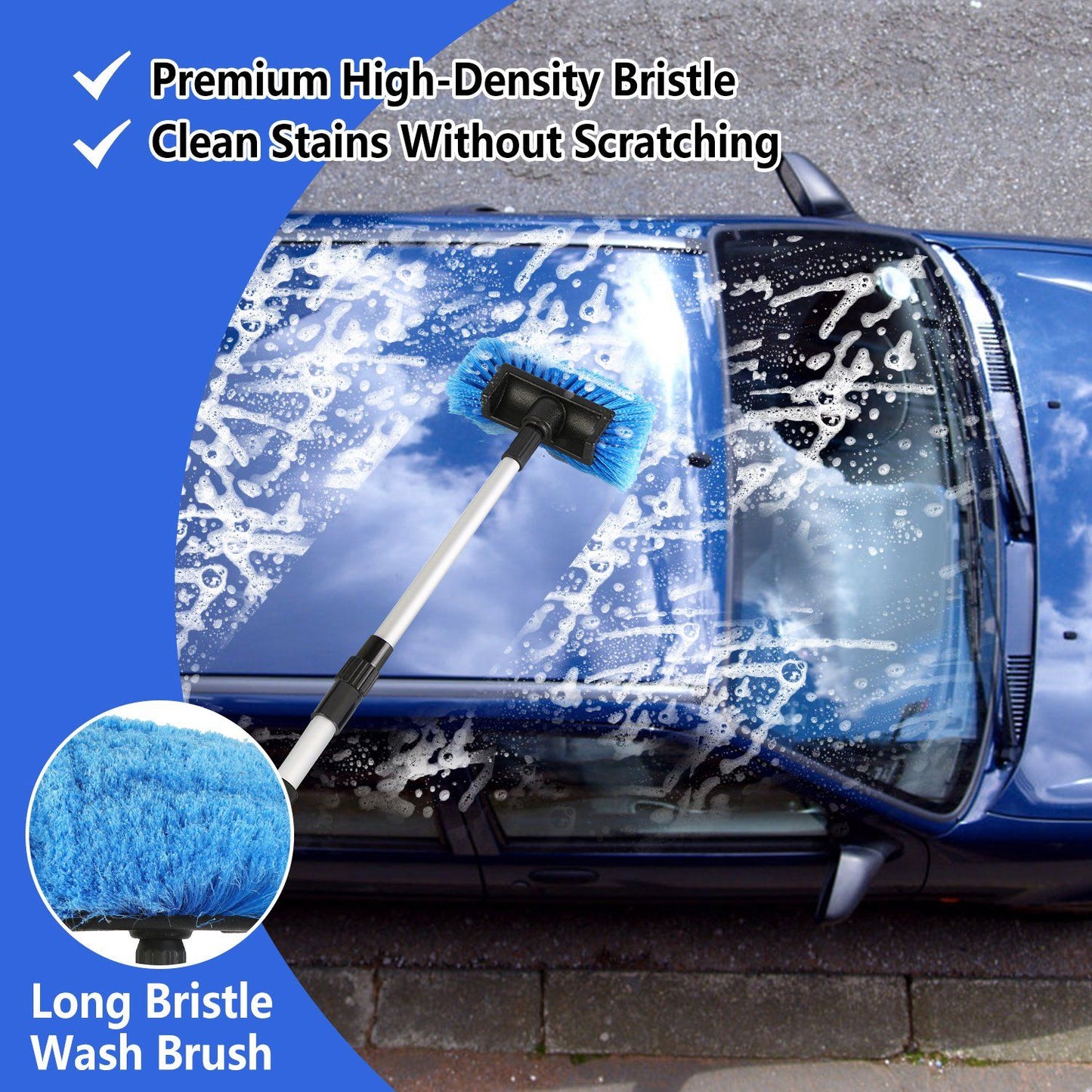 Premium long bristle wash brush cleaning car surface with soap and water, showcasing features like high-density bristles for scratch-free stain removal.