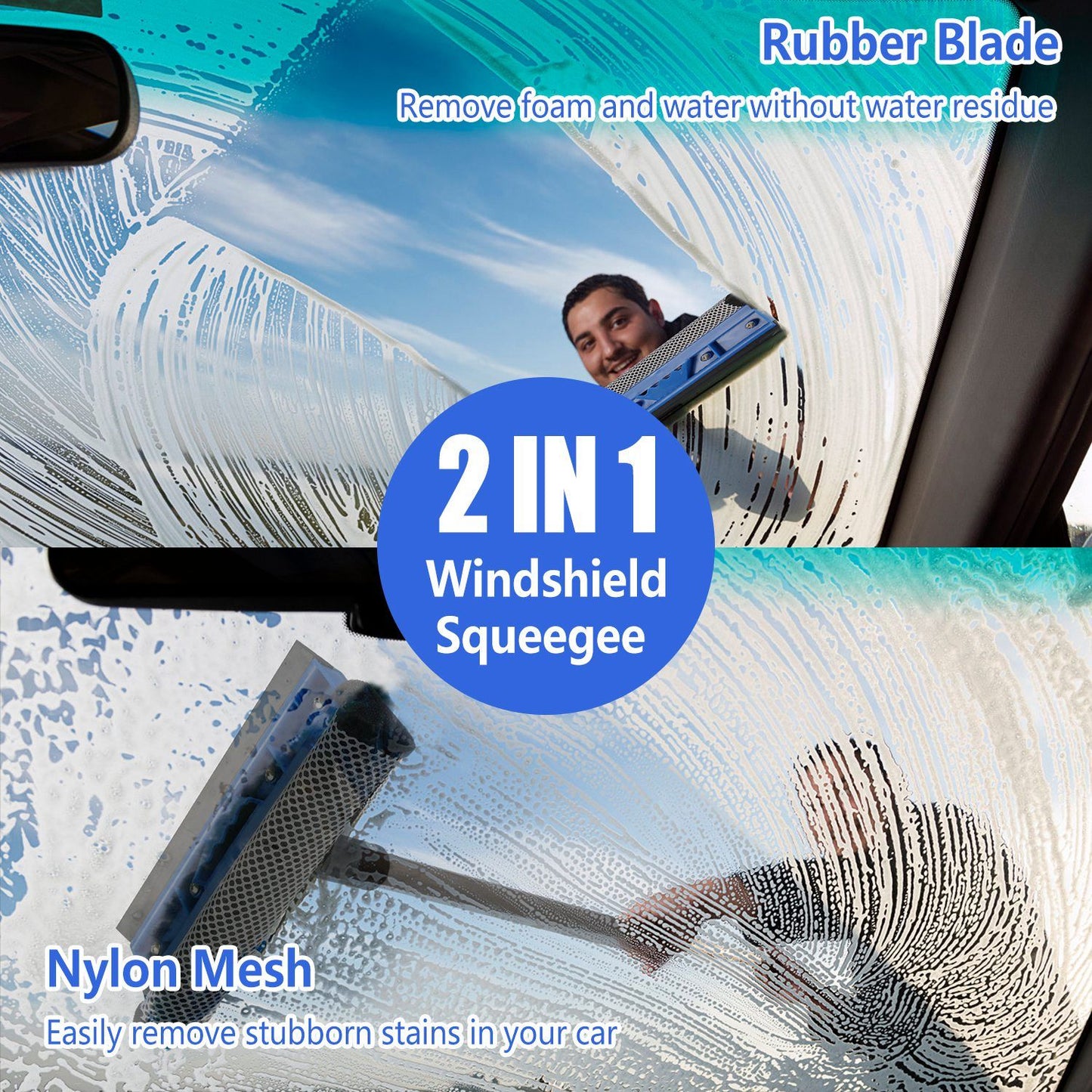 2 in 1 Windshield Squeegee with rubber blade and nylon mesh, designed to effectively remove foam, water, and stubborn stains from car windows for crystal-clear visibility.