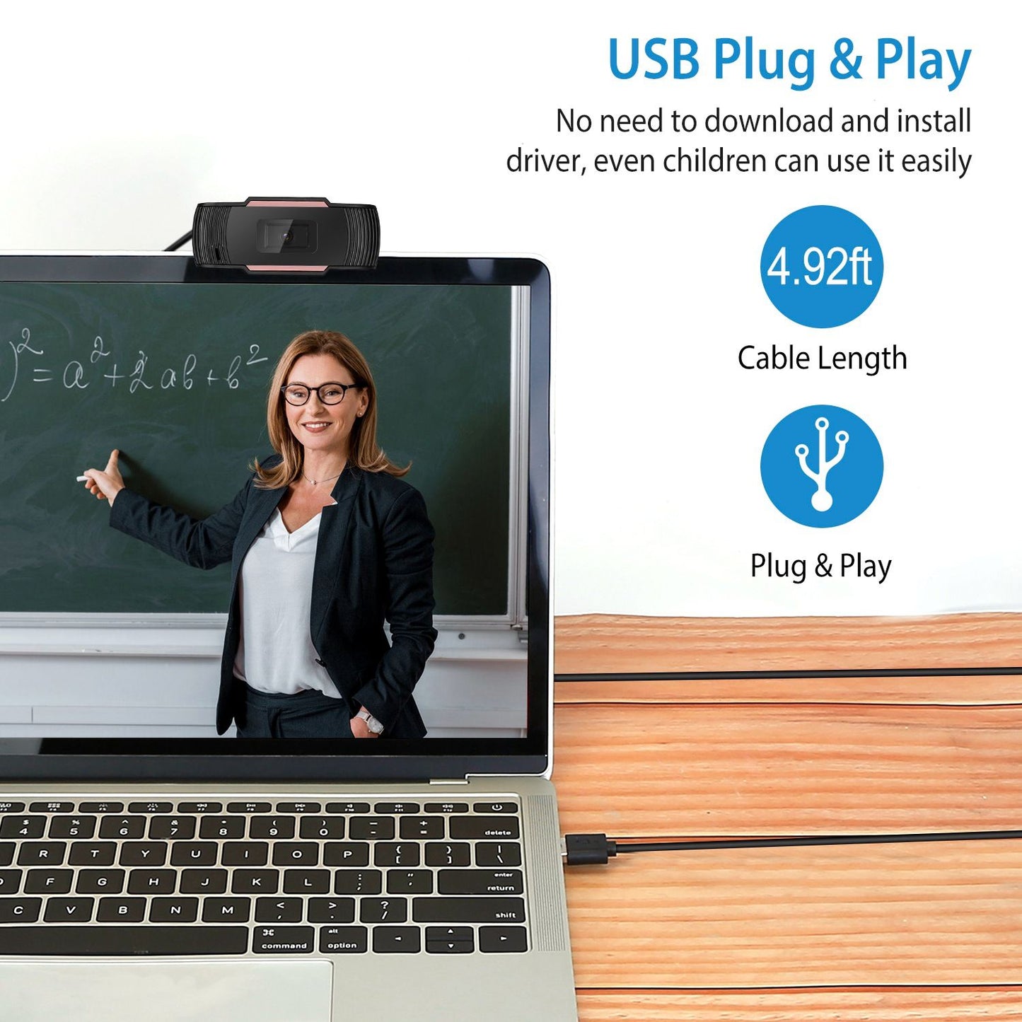 Webcam demonstrating USB plug-and-play functionality on a laptop, featuring a teacher presenting in front of a chalkboard, highlighting ease of use for all ages with a 4.92 ft cable length.