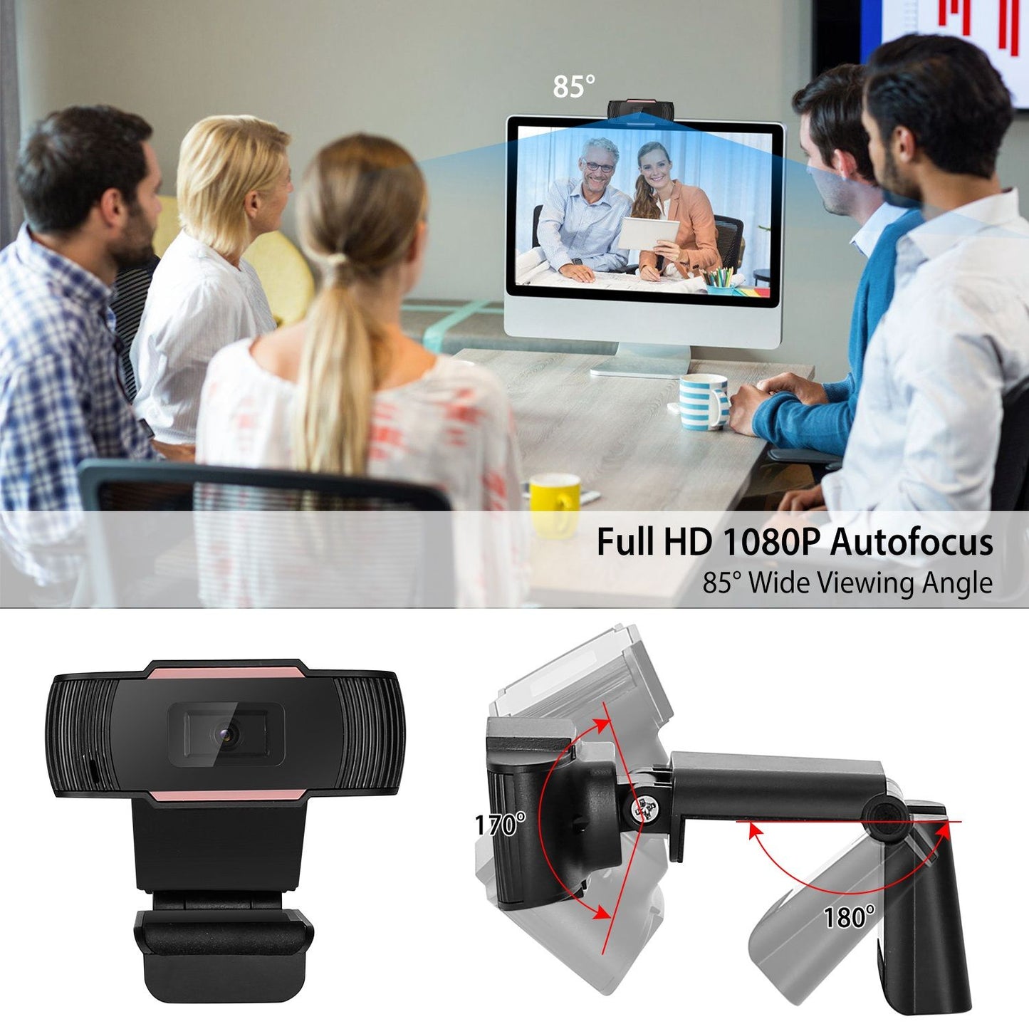 Full HD 1080P webcam with autofocus and 85° wide viewing angle, showcasing group video conferencing setup with adjustable mounting.
