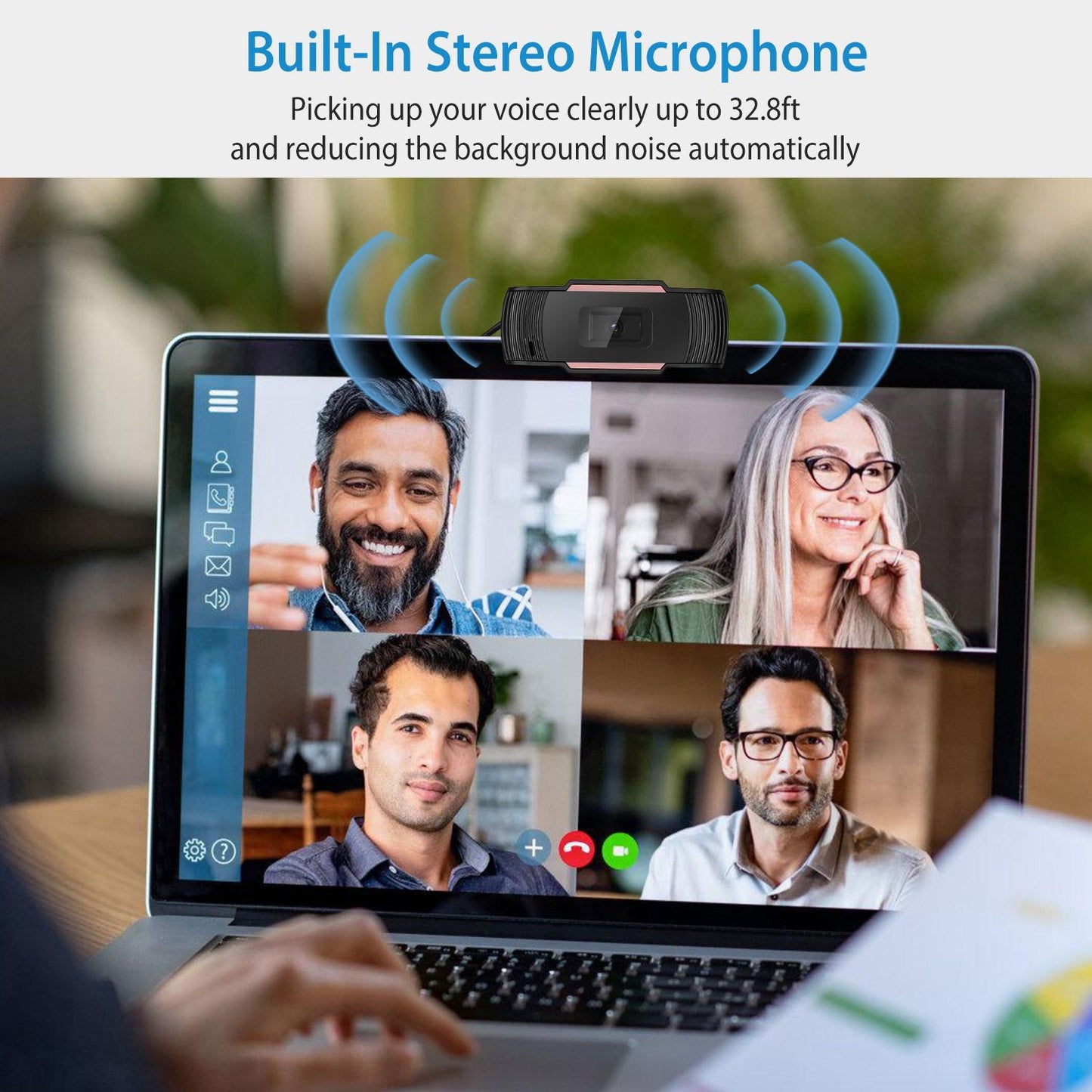 Webcam with built-in stereo microphone, designed for clear voice capture up to 32.8 feet while reducing background noise, showcased during a video call on a laptop.