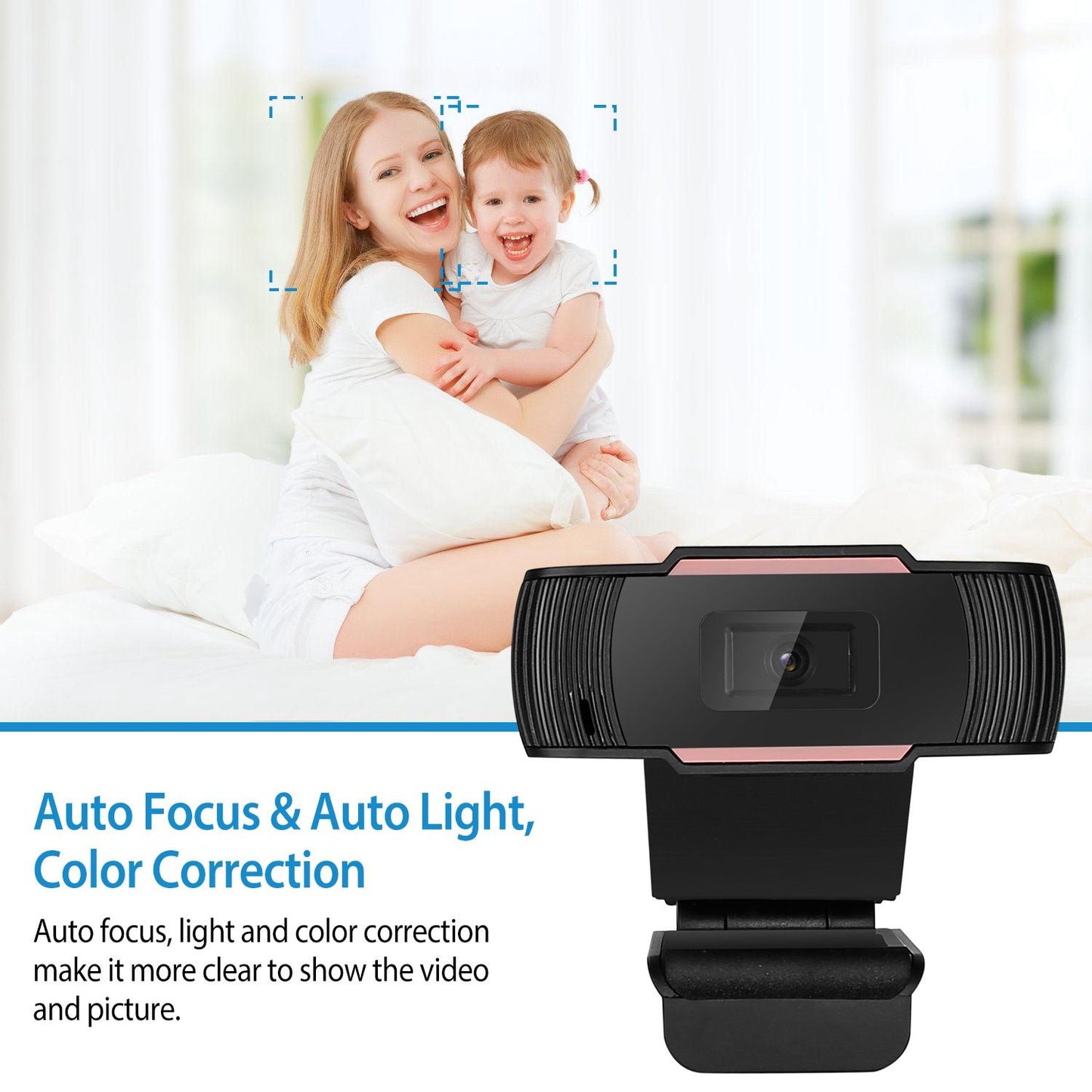 Webcam with auto focus, auto light adjustment, and color correction features, designed to enhance video clarity, placed in a bright indoor setting.