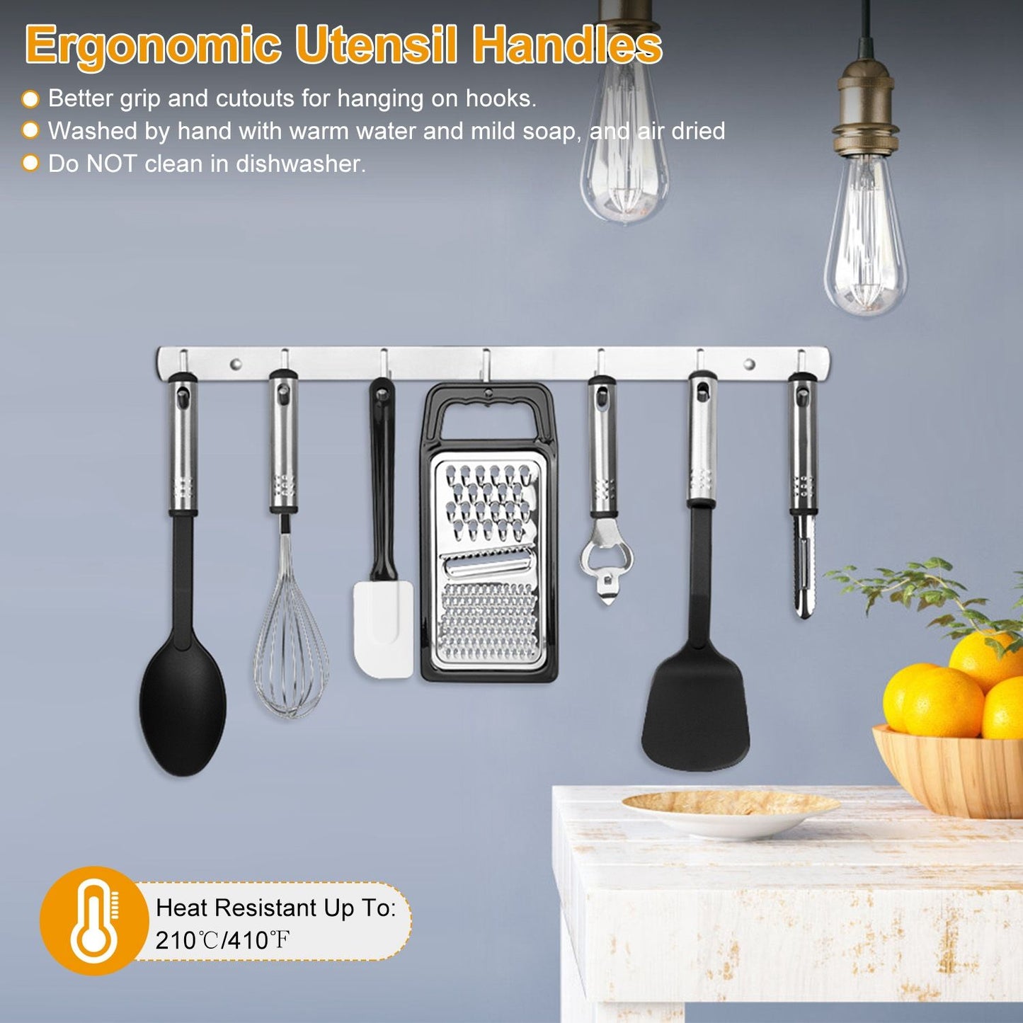 Ergonomic kitchen utensil set with heat-resistant handles, including a spoon, whisk, spatula, grater, and peeler, displayed on a wall-mounted rack, ideal for easy access and organization.