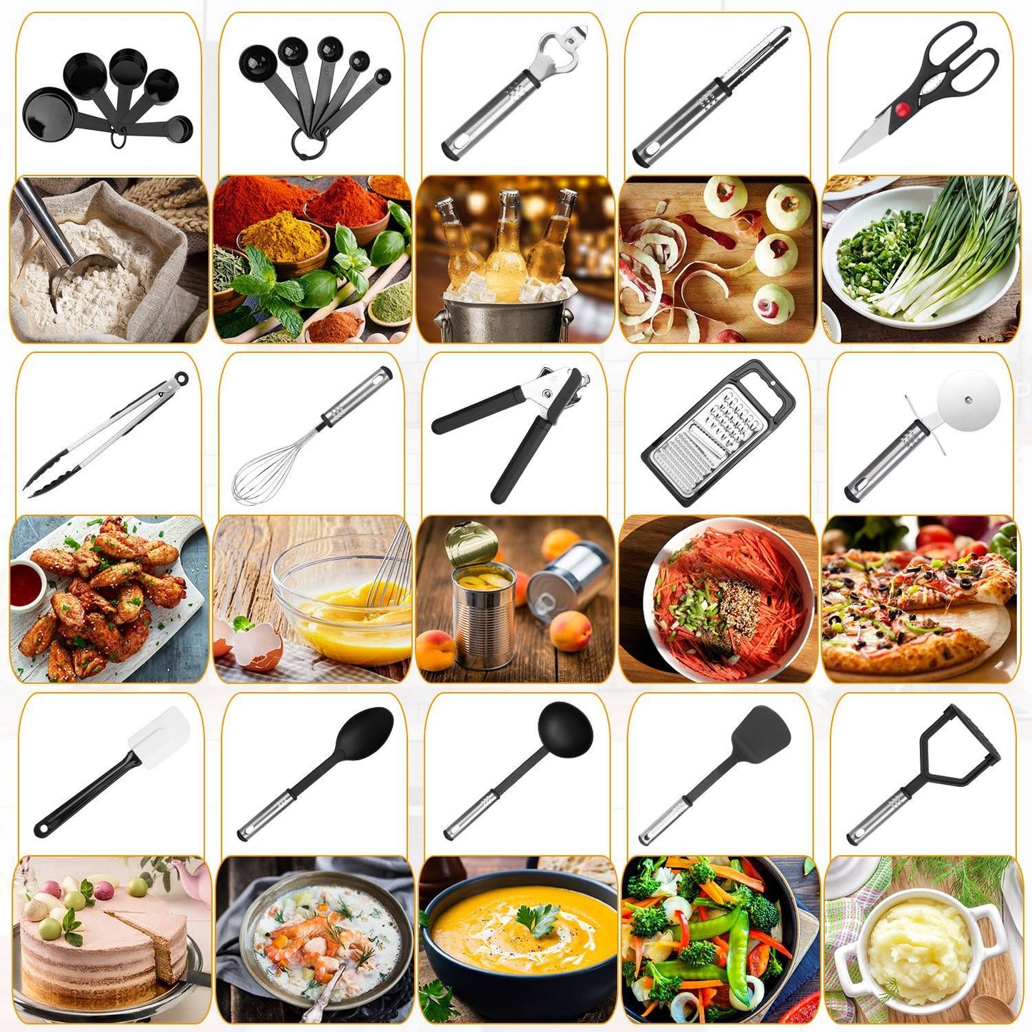 Collection of essential kitchen tools including measuring cups, tongs, scissors, can opener, whisk, grater, and spatula, arranged on a bright background alongside various food preparations like salads, pizza, and desserts.