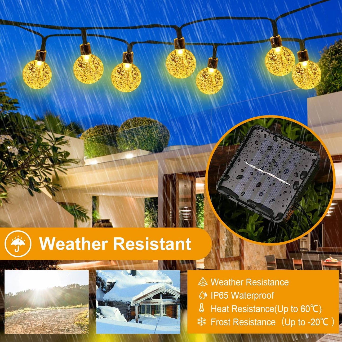 Weather-resistant solar string lights with decorative clear globe bulbs, suitable for outdoor use in various weather conditions, featuring IP65 waterproof rating and temperature resistance from -20°C to 60°C.