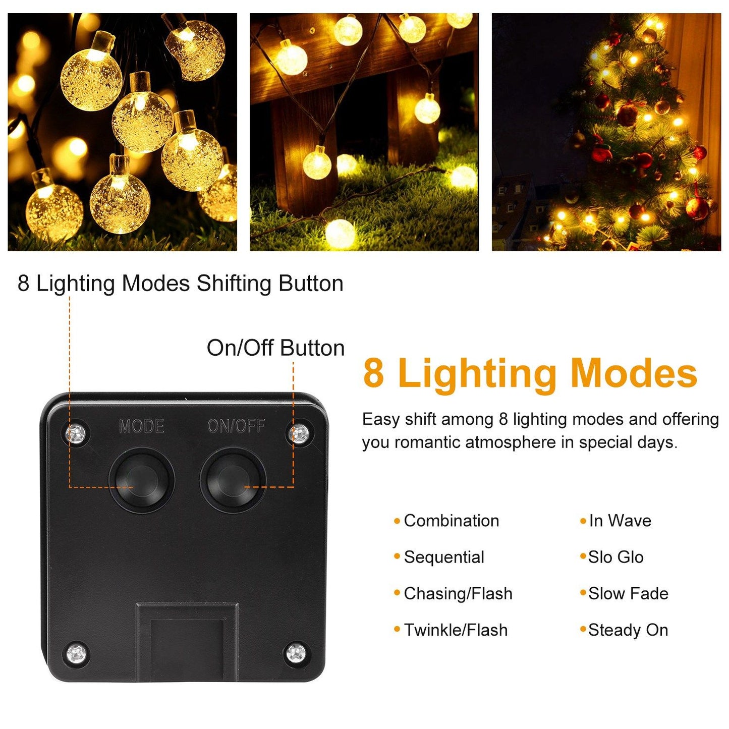 Image of a decorative lighting control box featuring an on/off button and mode selection for 8 lighting modes, ideal for creating a romantic ambiance.