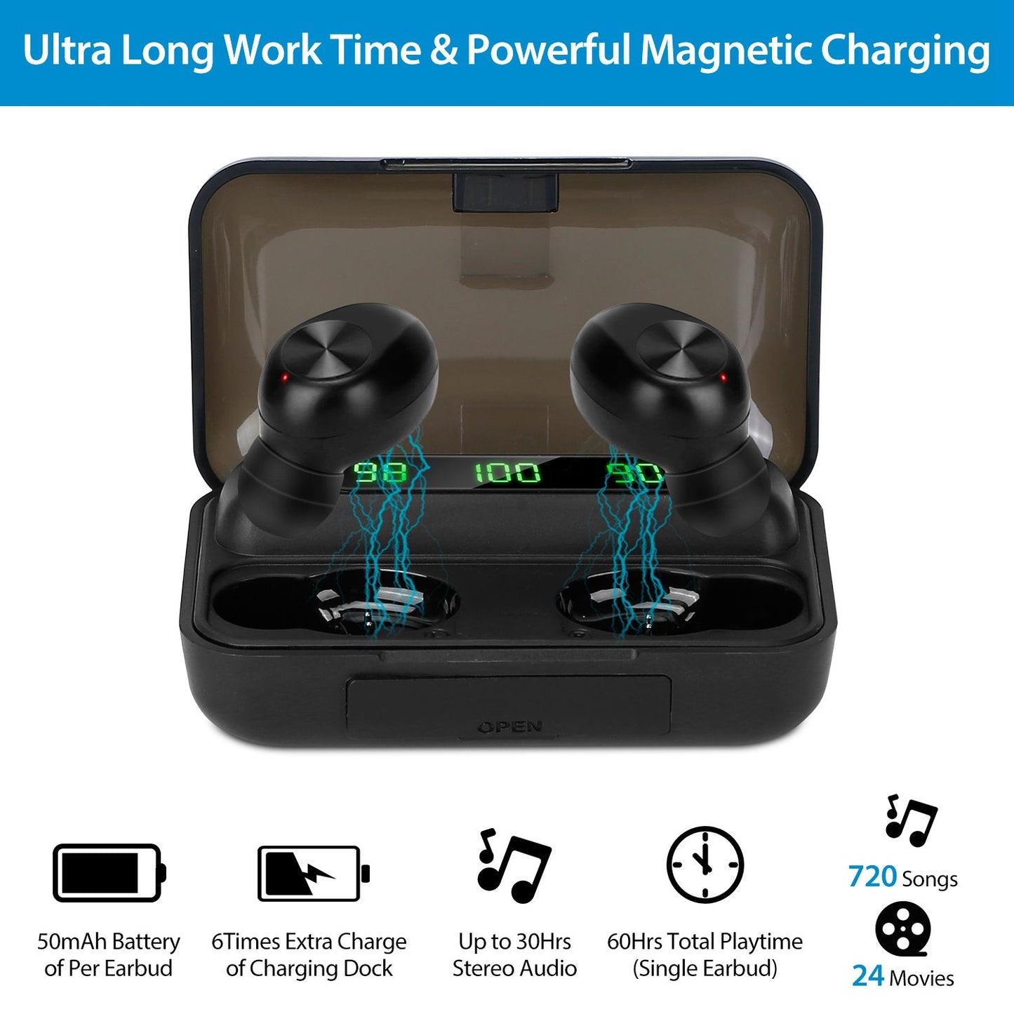 Black wireless earbuds with a charging case, displaying battery levels and designed for long playtime, featuring a sleek, ergonomic design for comfort and powerful magnetic charging capabilities.