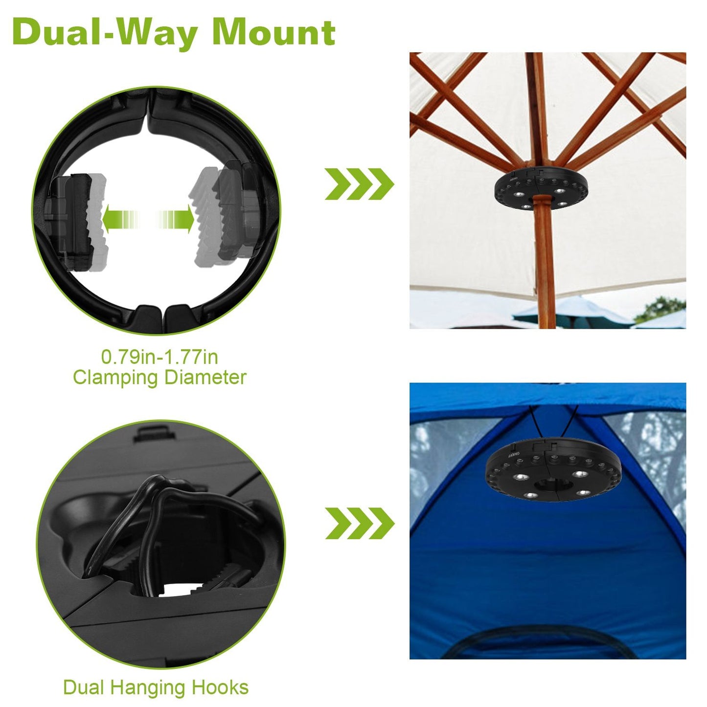 Dual-way mount with adjustable clamping diameter (0.79in-1.77in) and dual hanging hooks, suitable for securing outdoor umbrellas and tent setups.