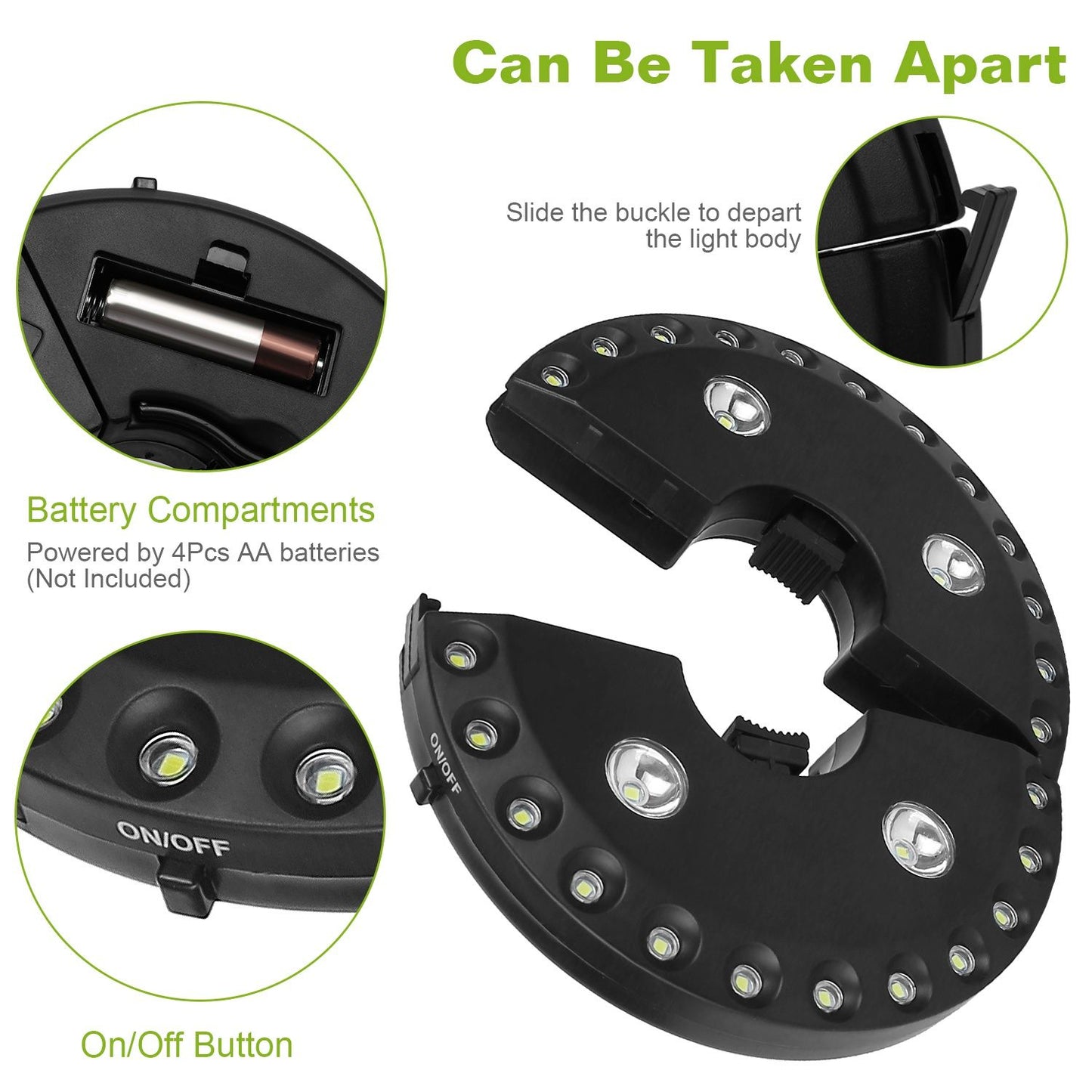 Close-up image of a portable LED light with visible battery compartment, on/off button, and detachable design, powered by four AA batteries (not included).