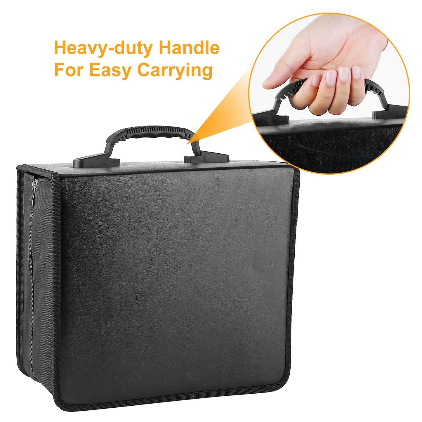 Heavy-duty black carrying case with a sturdy handle for easy transport, showcasing a close-up of the handle being held.