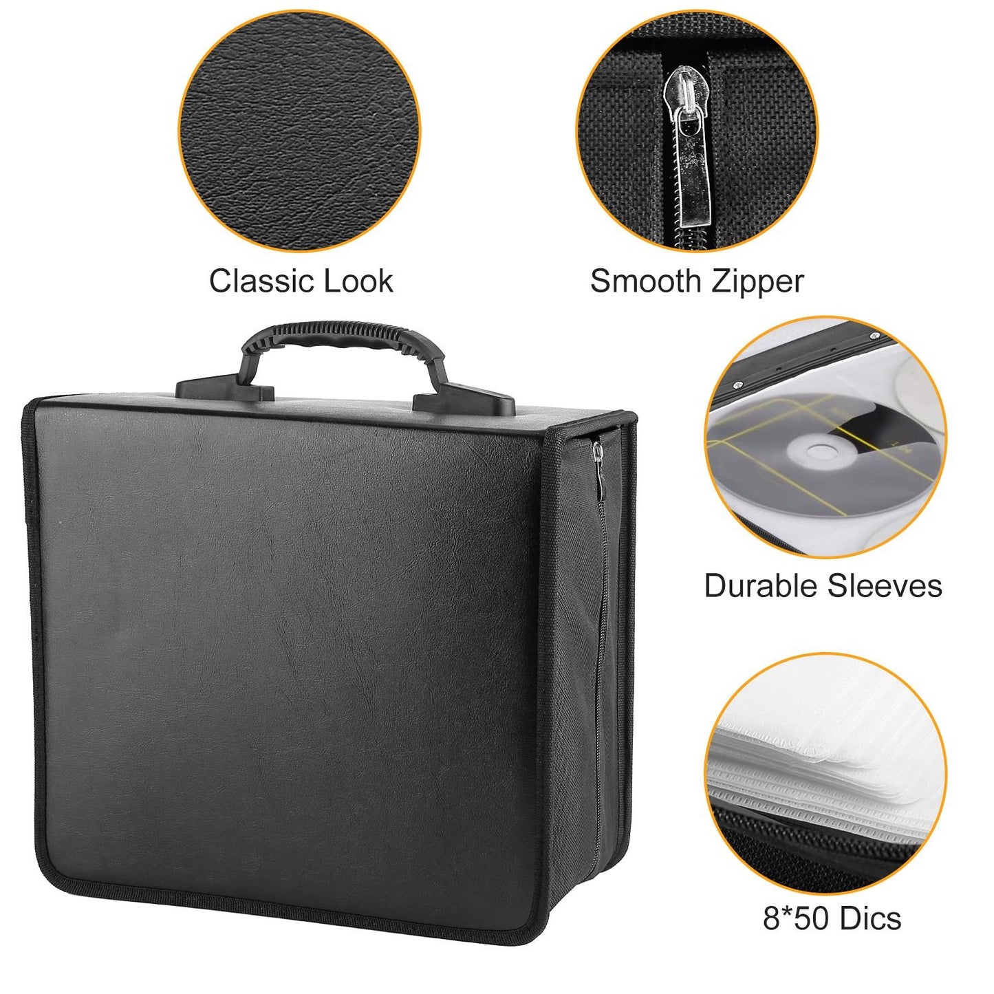 Black CD/DVD storage case with a classic look, featuring a smooth zipper, durable sleeves for 8*50 discs, and a comfortable handle for easy carrying.