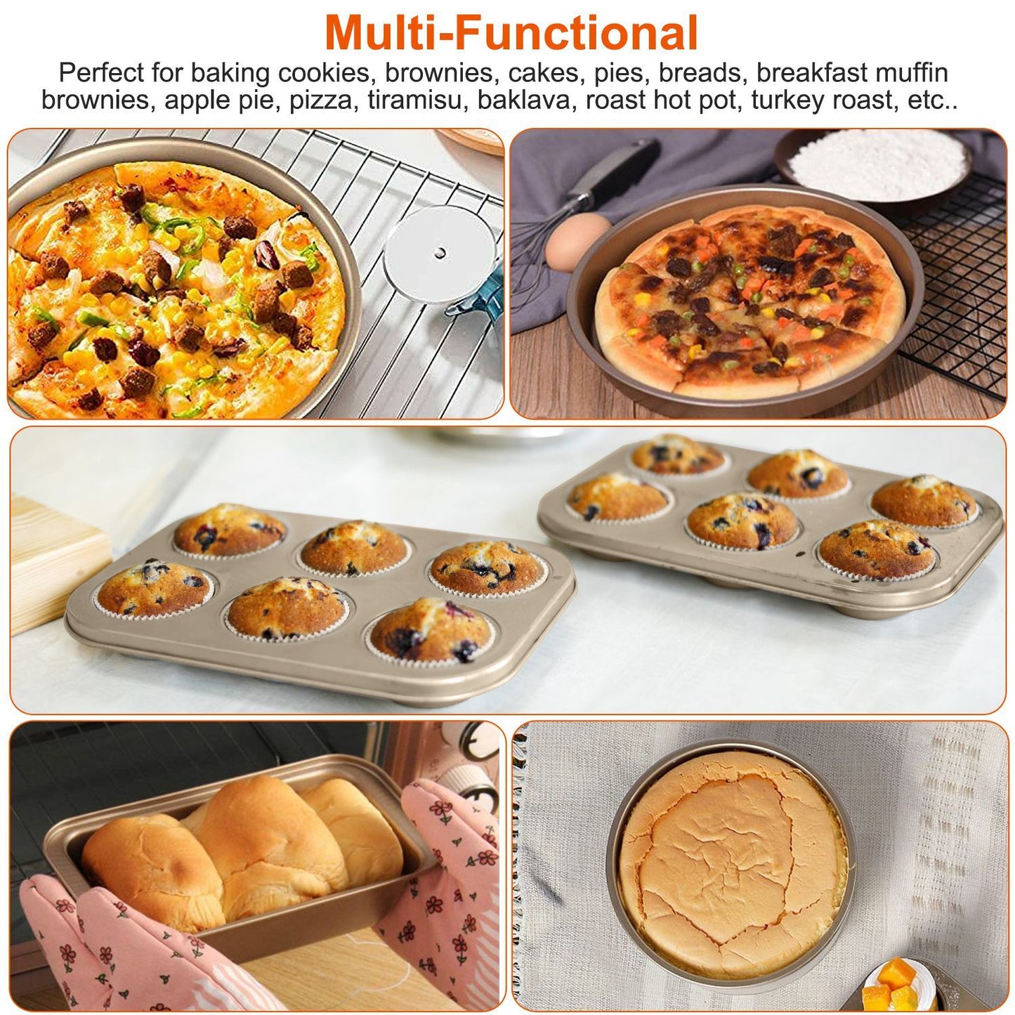 Multi-functional baking pans demonstrating various baked goods including pizza, muffins, rolls, and cakes, perfect for cookies, brownies, pies, and more. Ideal for versatile baking needs.