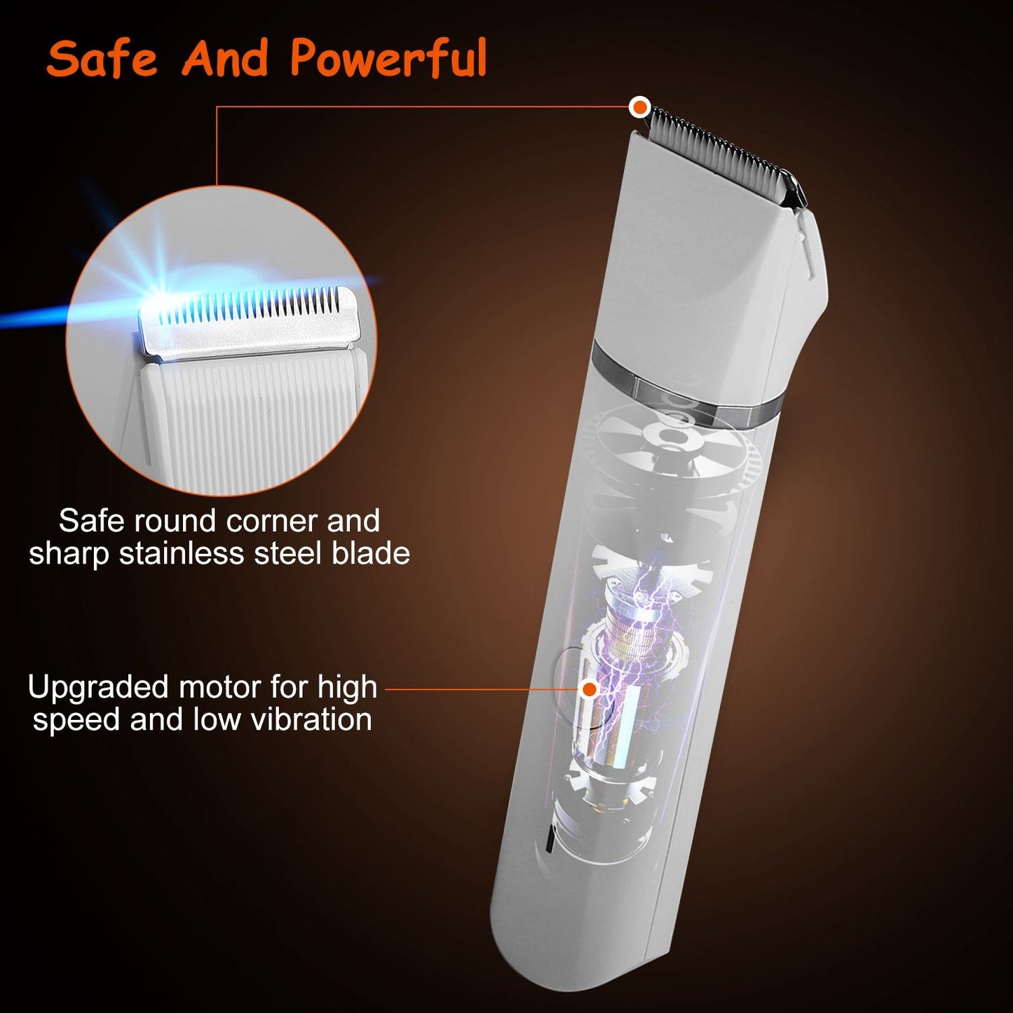 Electric hair clipper with safe stainless steel blade, transparent design showcasing upgraded motor for high speed and low vibration, ideal for precise grooming.