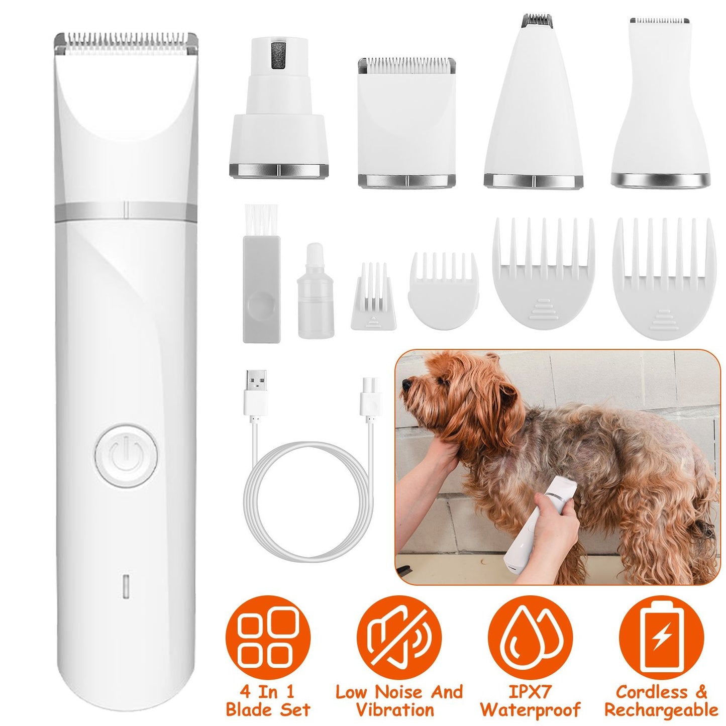 Dog grooming kit with 4-in-1 blade set, waterproof design, low noise and vibration features, includes grooming tools, USB charging cable, and a person using the trimmer on a dog.