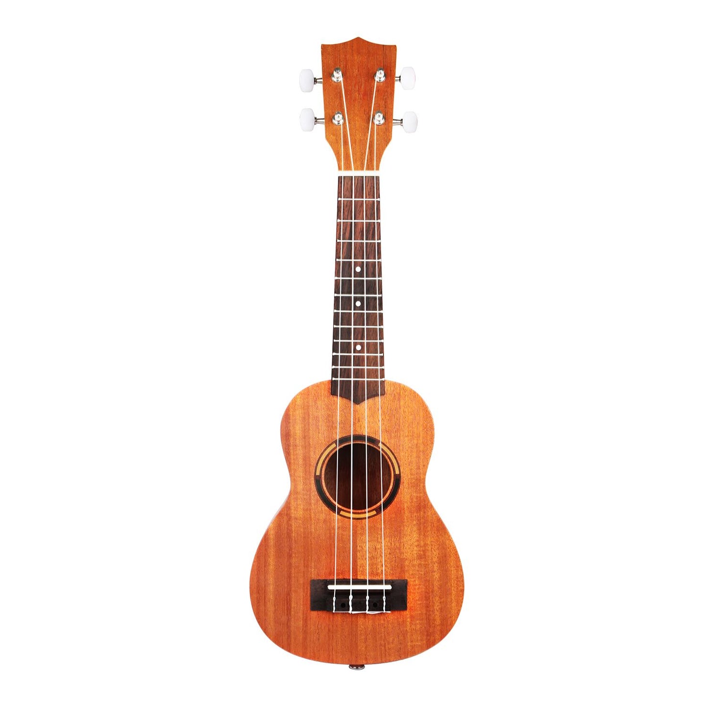 A classic wooden ukulele with four strings, featuring a natural finish and a sleek design, ideal for beginners and music enthusiasts.