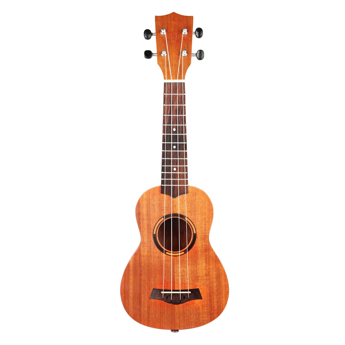 Mahogany ukulele with four strings, a smooth body finish, and a natural wooden grain design, highlighting its tuning pegs and fretboard.