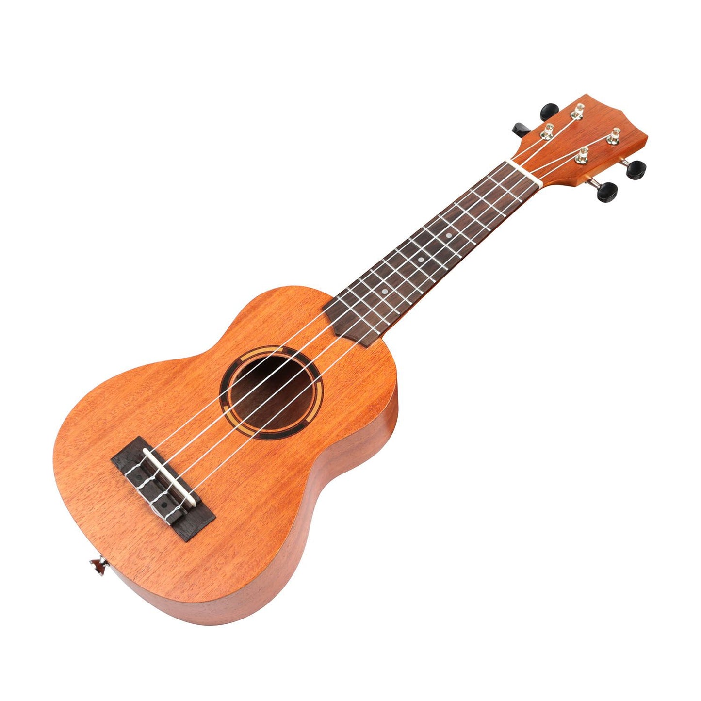 A beautiful, polished wooden ukulele with four strings, viewed from an angle that shows its body and neck, highlighting the craftsmanship and rich color of the wood.