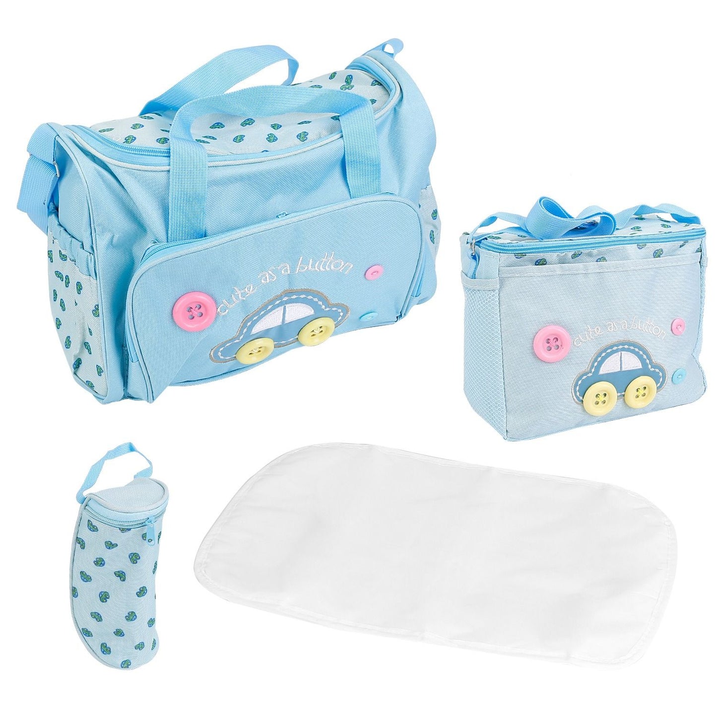 Blue baby diaper bag set including large tote with button details, small insulated bag, bottle holder, and changing mat, featuring a playful car design and hearts.