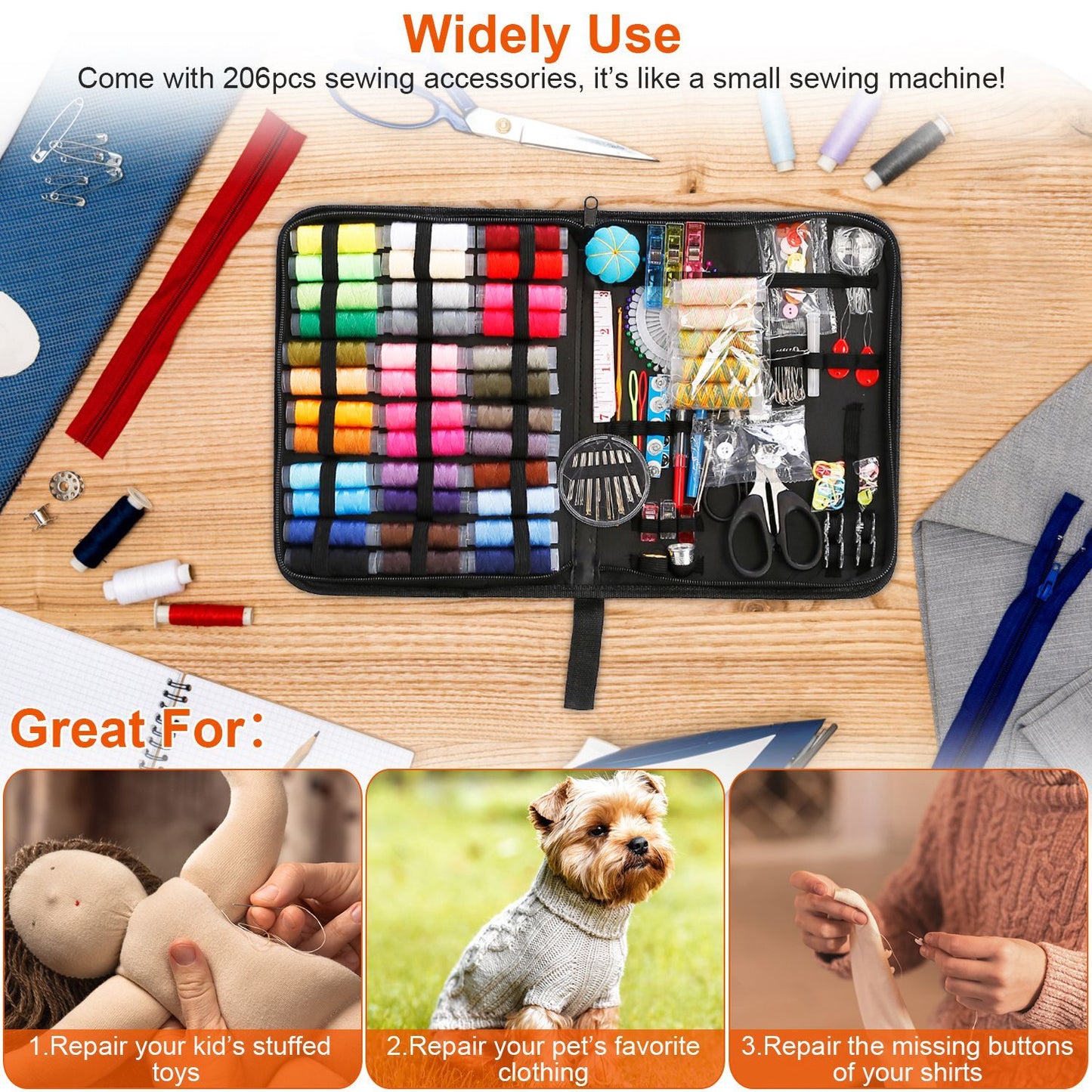 Sewing kit with 206 accessories including spools of thread, scissors, needles, and pins, perfect for repairing toys, clothing, and more on a wooden background.