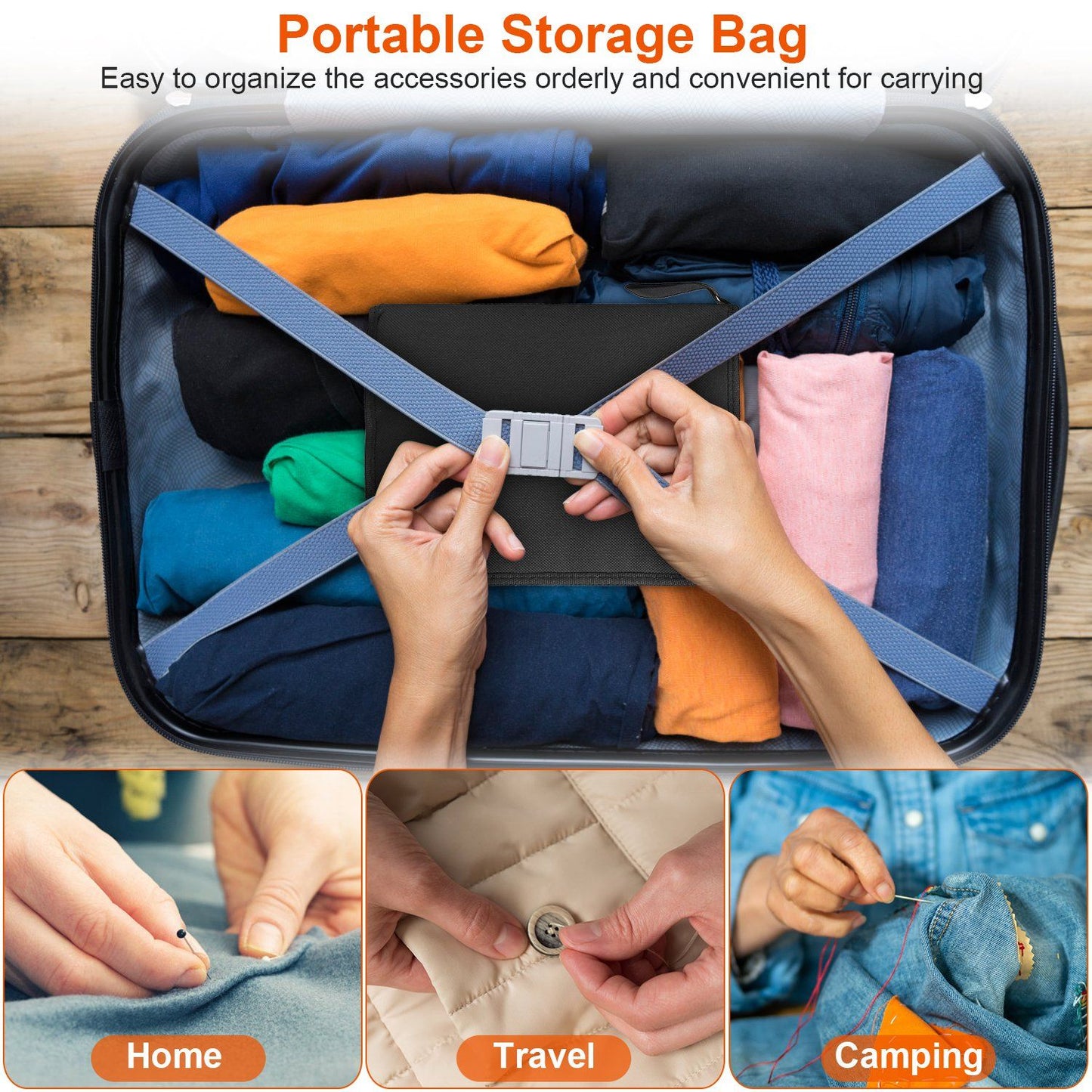 Portable storage bag featuring organized folded clothes, adjustable straps for easy carrying, ideal for home, travel, and camping use.