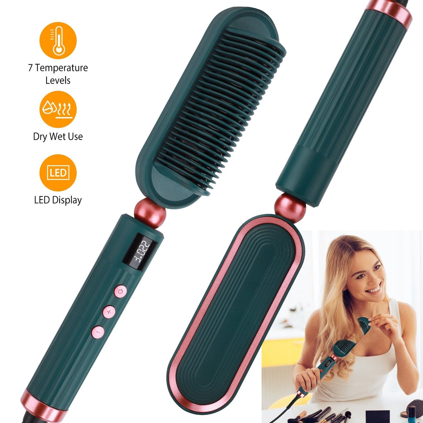 Hair straightening brush with LED display, 7 temperature levels, designed for dry and wet use, featuring ergonomic grip and sleek design for effortless styling.