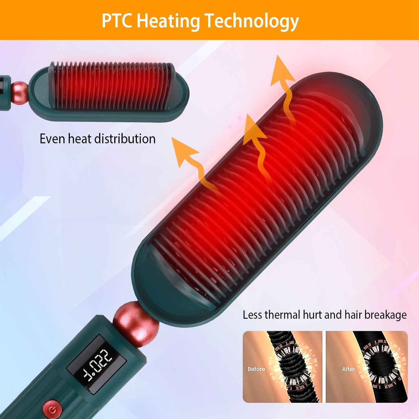PTC heating technology hair styling tool featuring even heat distribution, designed to minimize thermal damage and hair breakage, with a digital temperature display.