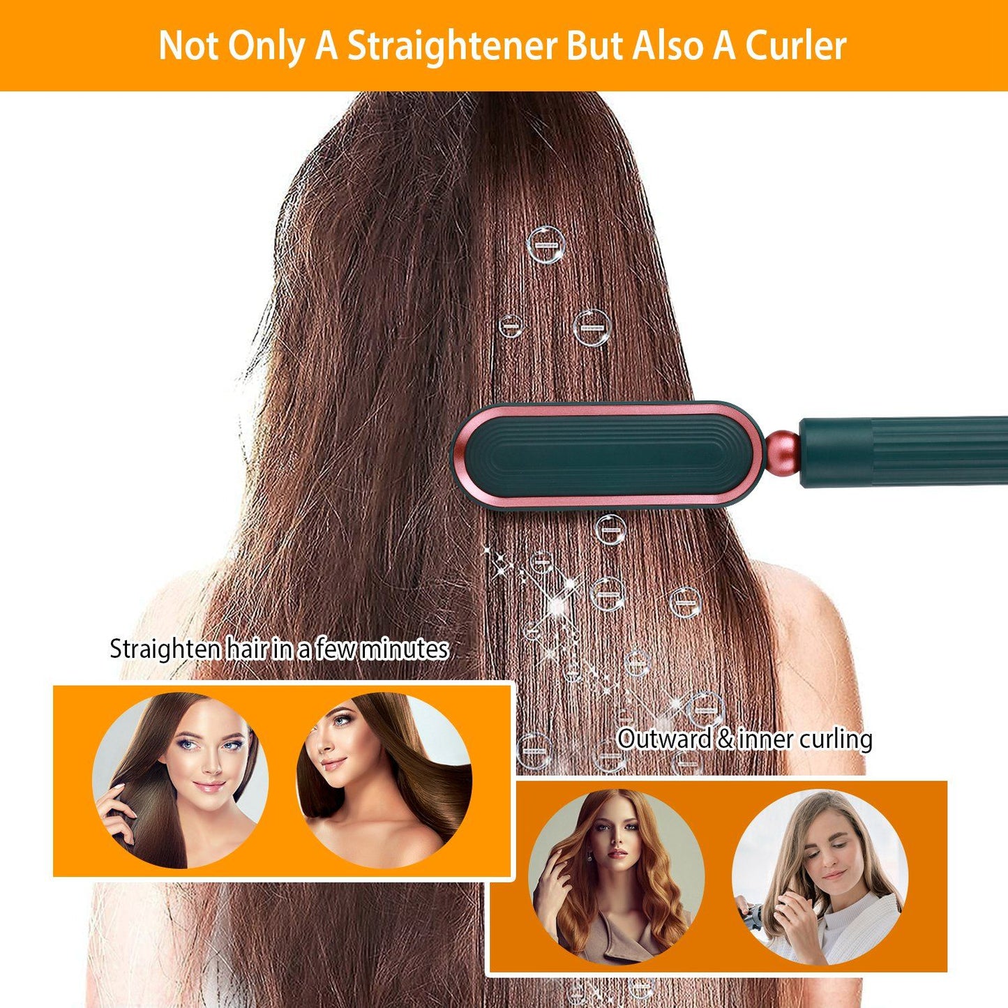 Image of a multifunctional hair straightener and curler demonstrating its use on long, straight hair with styling options for both straightening and curling, featuring product highlights and user testimonials.