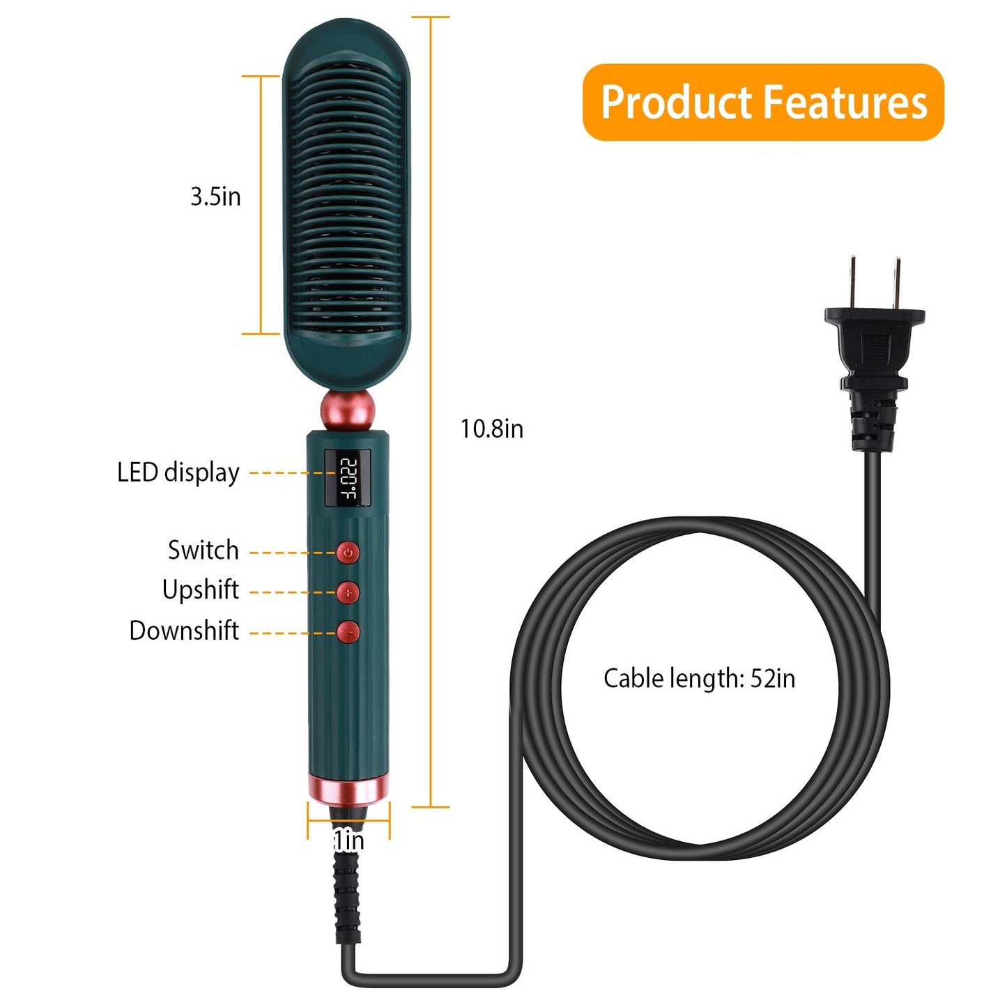 Hair straightening brush with LED display, ergonomic handle, and 52-inch cable for easy styling, measuring 10.8 inches in length and 3.5 inches in width.