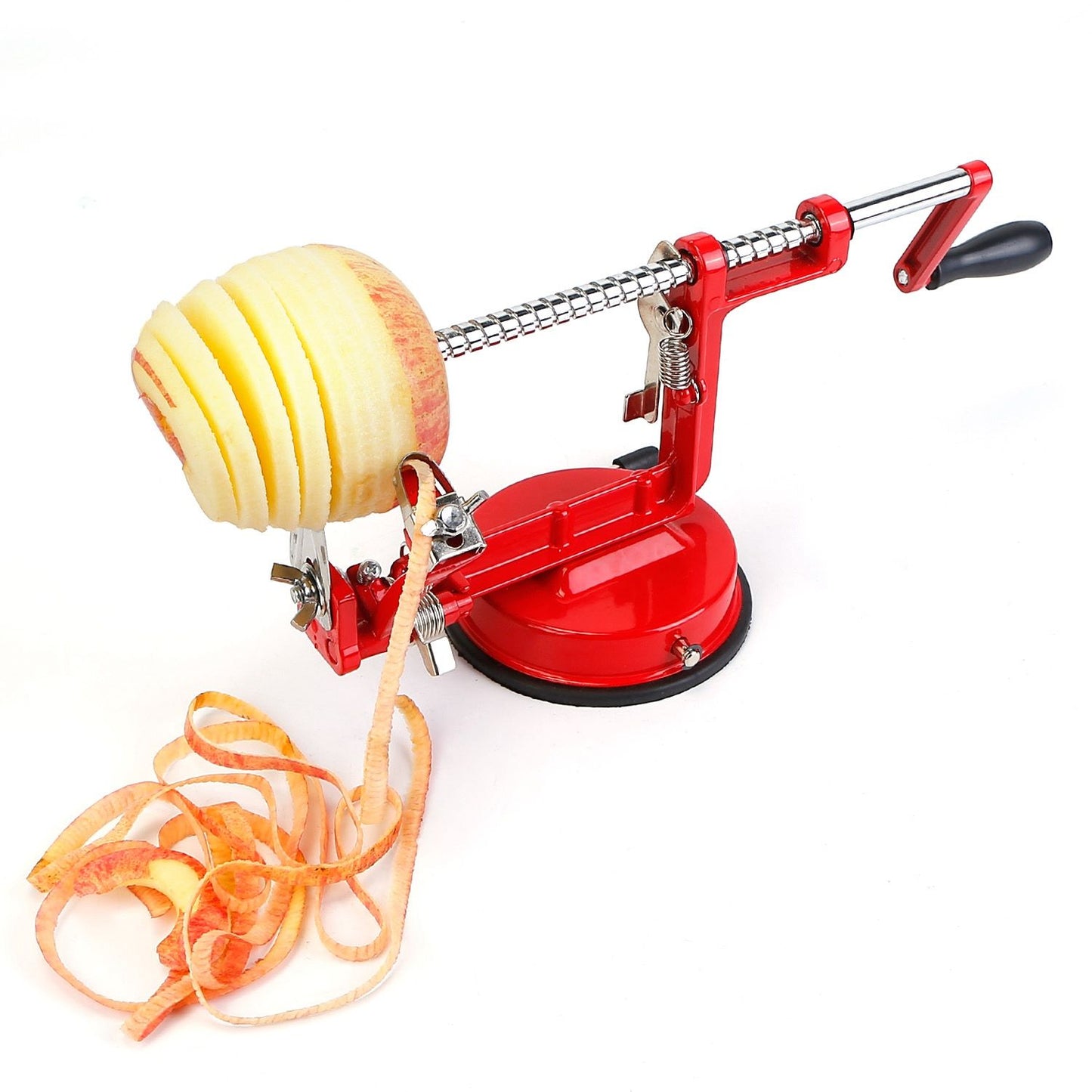 Red apple peeler with a freshly spiraled apple mounted, showcasing slices and peels on a white background. Perfect for hassle-free peeling and preparing apples for pies or snacks.