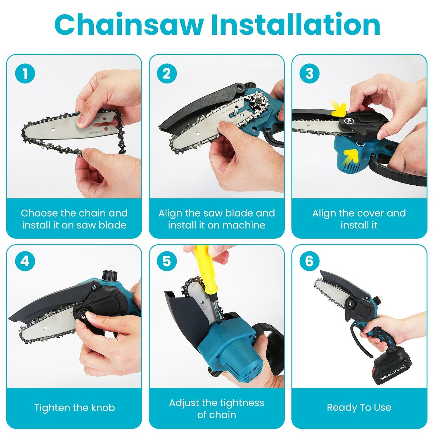 Step-by-step guide for chainsaw installation, showing hands aligning and tightening the chain, blade, and cover for proper setup and use.