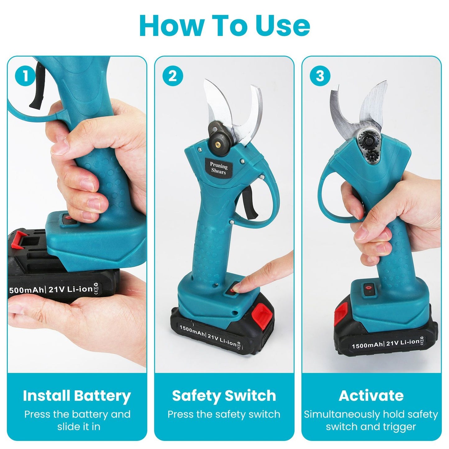 Instructional image for electric pruning shears showing battery installation, safety switch activation, and trigger use for efficient gardening.