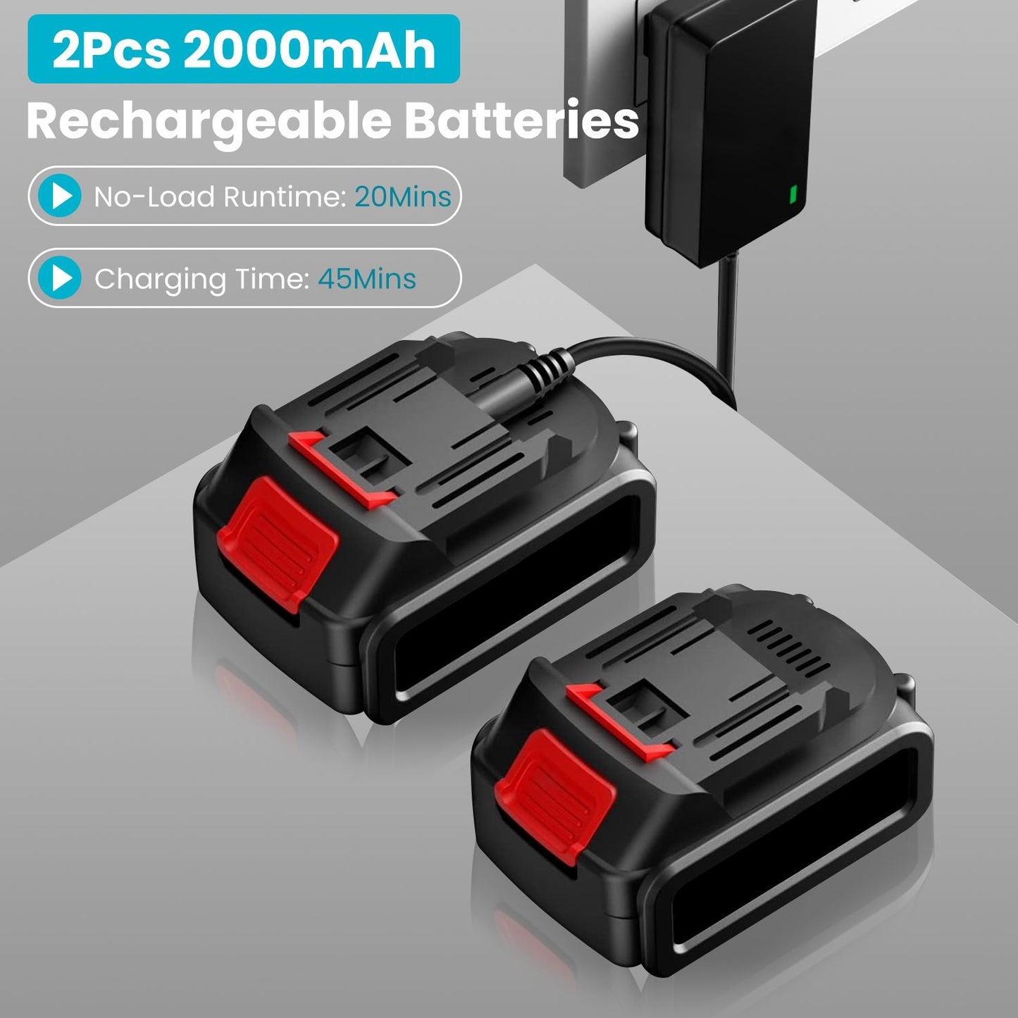 Rechargeable 2000mAh battery pack with charging specifications; includes two batteries, no-load runtime of 20 minutes, and a charging time of 45 minutes.
