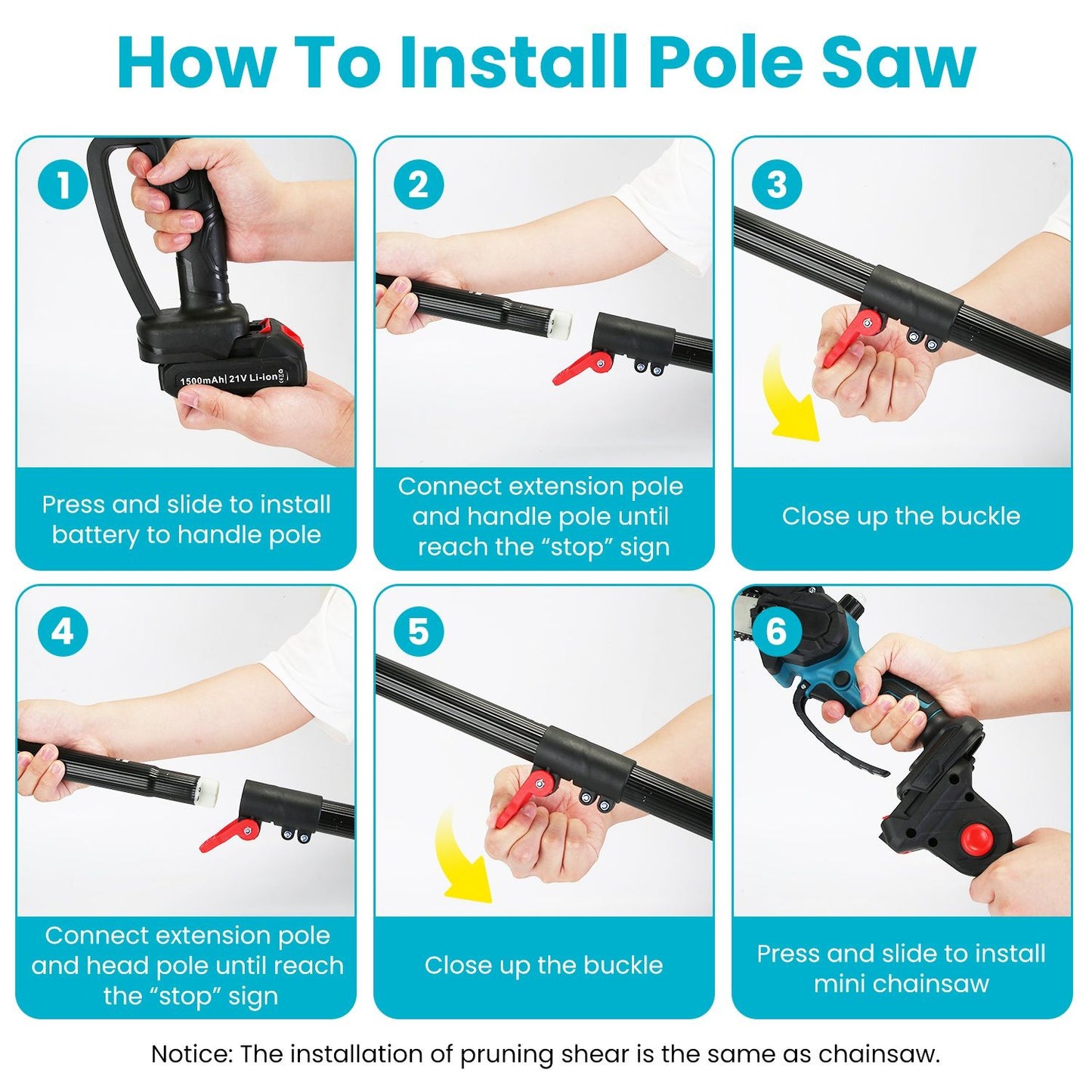 Step-by-step guide on how to install a pole saw, featuring hands demonstrating the process of attaching the battery, extension poles, and mini chainsaw.